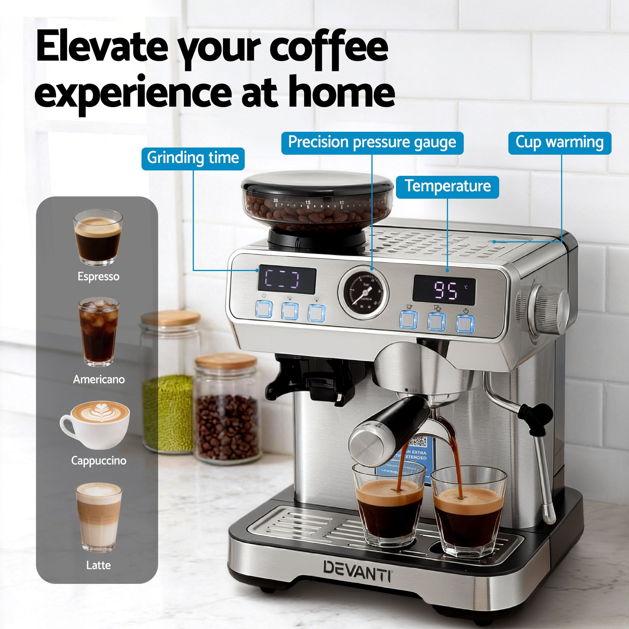 Devanti Coffee Machine Espresso Latte Maker with Grinder Milk Frother Steam Wand — image 4