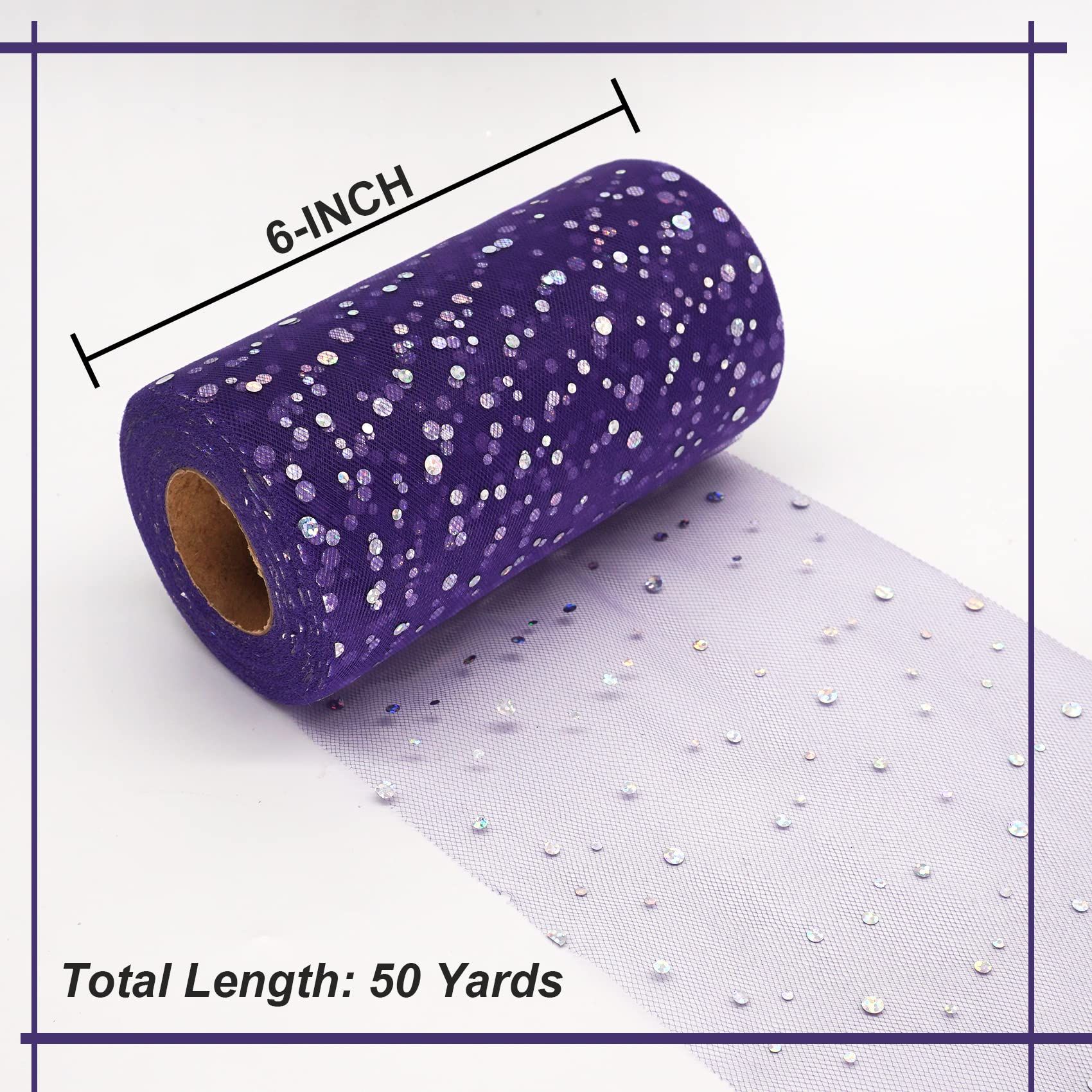 Glitter Tulle Fabric Rolls 6 Inch 50 Yards (150ft) Sparkling Ribbon Sequin Polka Dots Netting Spool, Purple โ image 2