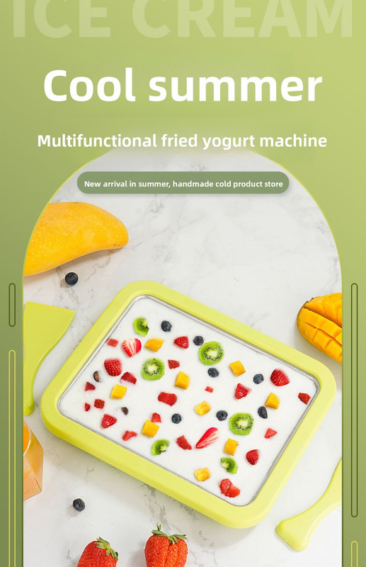 Green DIY Rolled Ice Cream Maker Pan Instant Frozen Yoghurt & Sorbet Tray 304 Stainless Steel No Electricity Required with Spatulas — image 3
