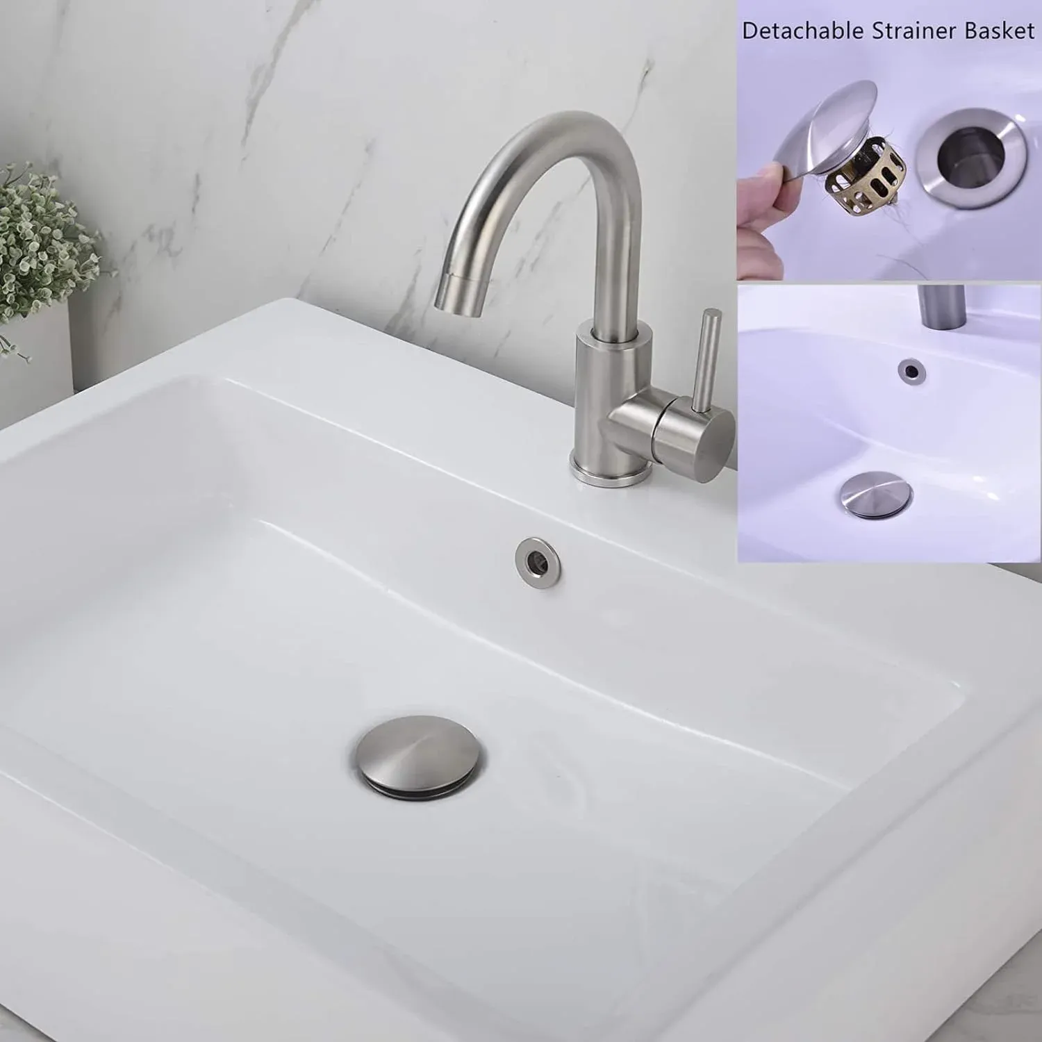 Bathroom Sink Drain Pop Up Assembly with Detachable Strainer Basket, Stainless Steel for Vanity Sink, Brushed Nickel β image 6
