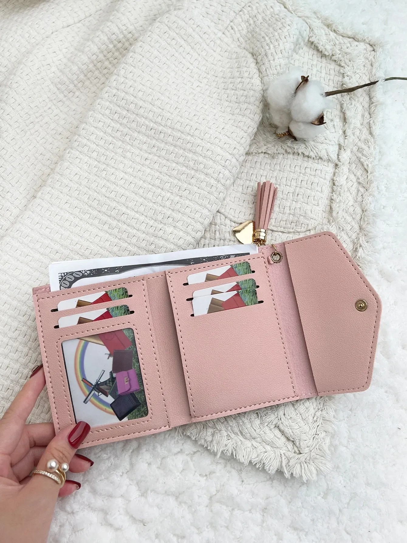 Tassel Decor Stitch Detail Credit Card Small ID Window Slim Women Wallet Mini Lightweight Minimalist Fashion Valentine Day Birthday Gift Couple — image 3