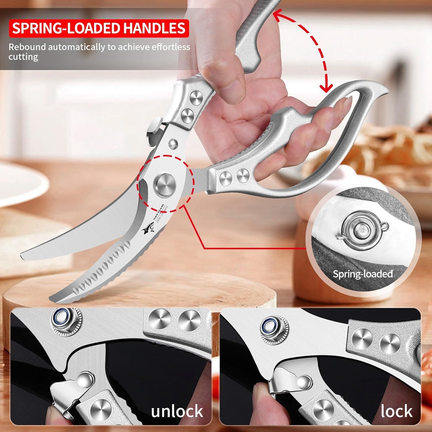 Heavy Duty Kitchen Shears, Poultry Scissors for Cutting Chicken Bones, German Stainless Steel, All-Metal Design, Spring-Loaded, Dishwasher Safe (Silver) — image 4