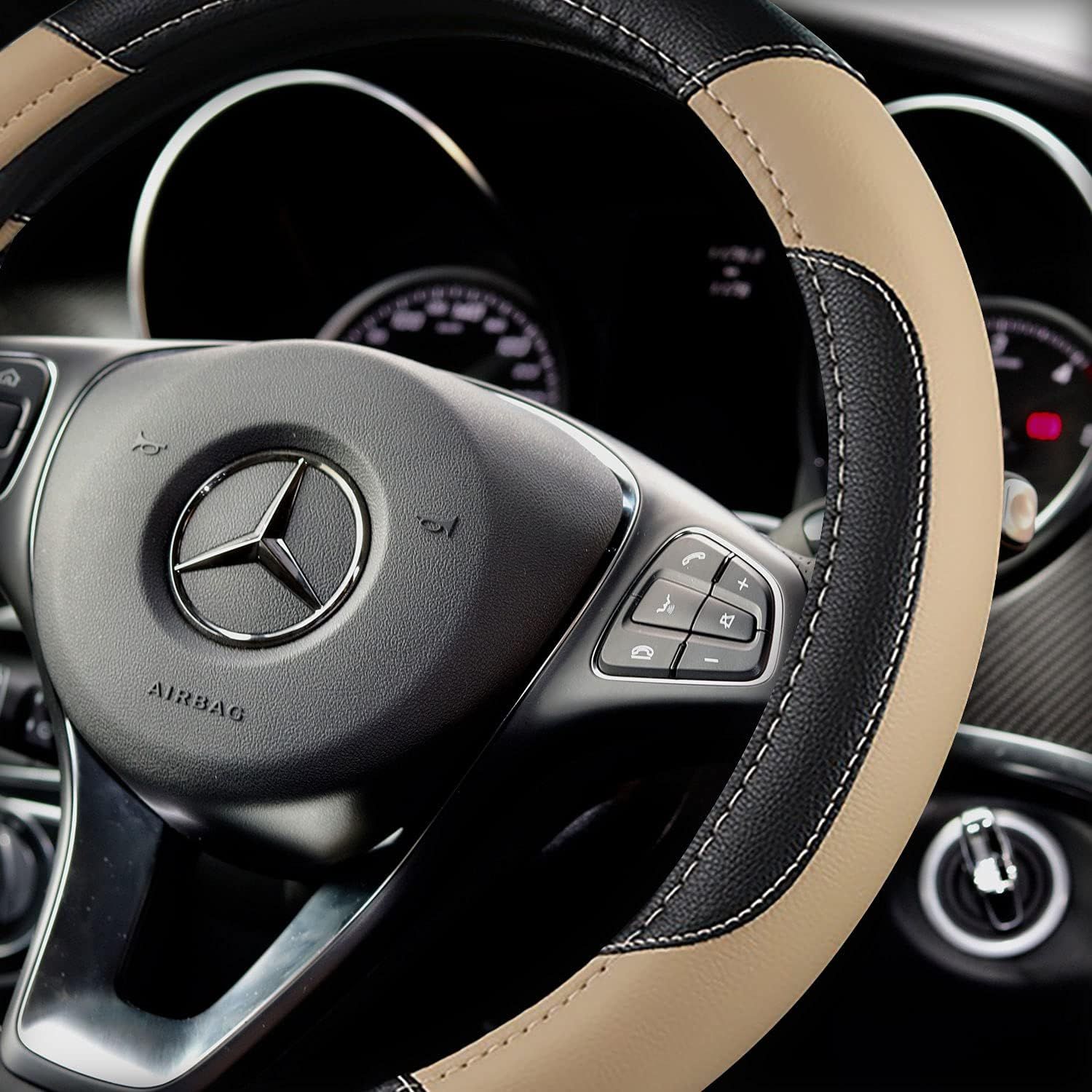 Leather Car Steering Wheel Cover, Non-Slip Car Wheel Cover Protector Breathable Microfiber Leather Universal Fit for Most Cars(Beige) — image 2