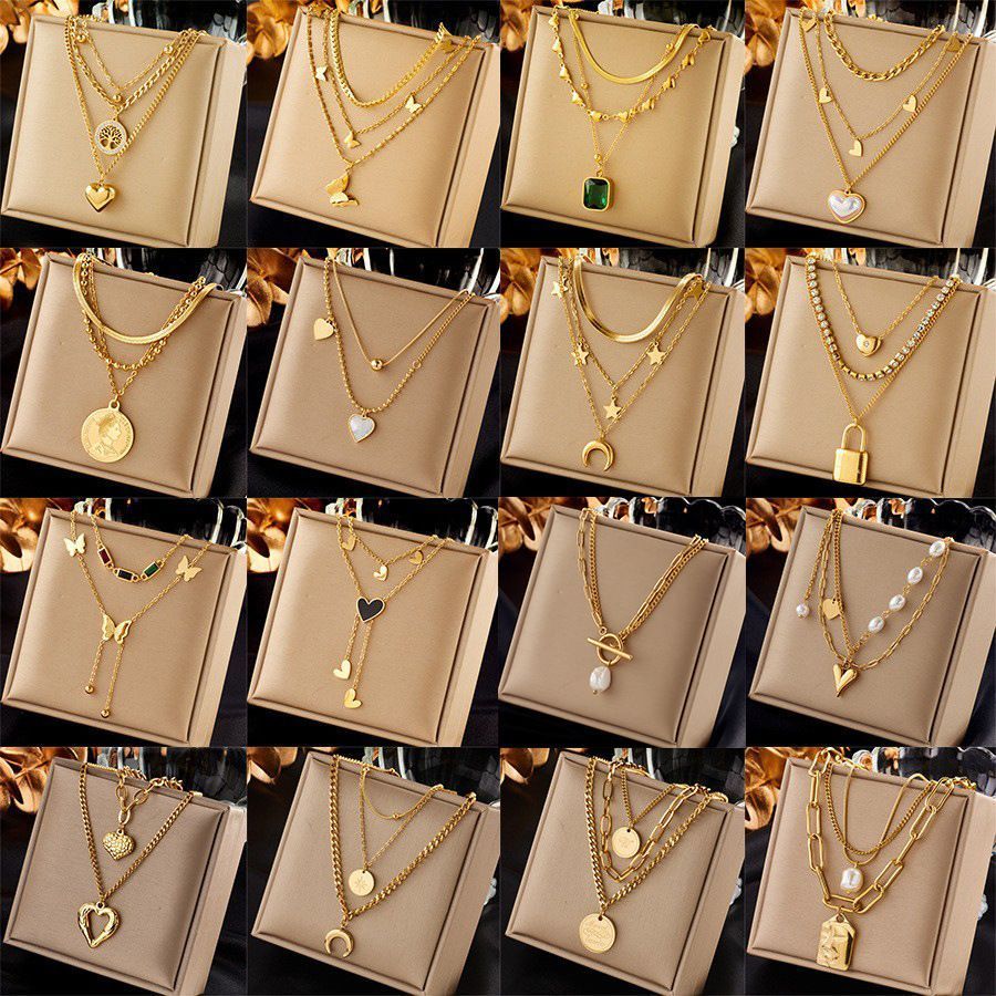Neat Retro Dual Layer Chain Necklace, Simple Quiet Luxury Gold Coated Stainless Steel Matching Jewellery — image 3