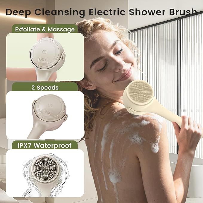 Electric Shower Body Scrubber Brush with 4 Heads, IPX5 Waterproof Rechargeable Back Cleaner for Exfoliating & Massage, 2-Speed Rotating Bath Brush for — image 2