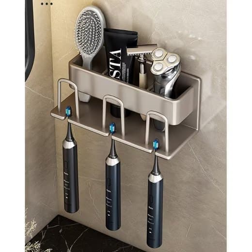 3-Piece Toothbrush Holder with Cup, Wall Mount No Drilling, Aluminum, Compatible with Oral-B, Gold — image 3