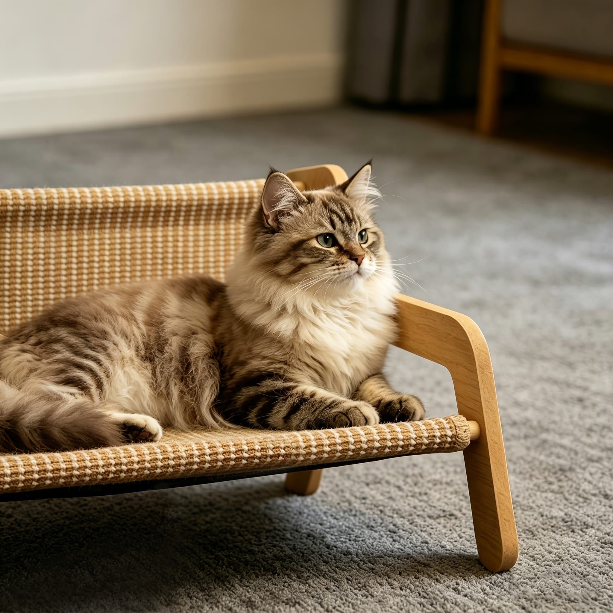 Curved Wooden Cat Lounge Chair with Sisal Scratching Surface – Hammock-Style Pet Bed for Indoor Rest, Play, and Nail Trimming, Fits Living Room or Balcony — image 2