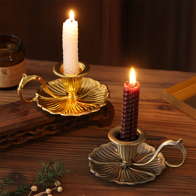 Gold European Vintage Handheld Chamberstick with Finger Loop - Minimalist Metal Candlestick Tray for Weddings, Festivals & Tables Decor — image 2
