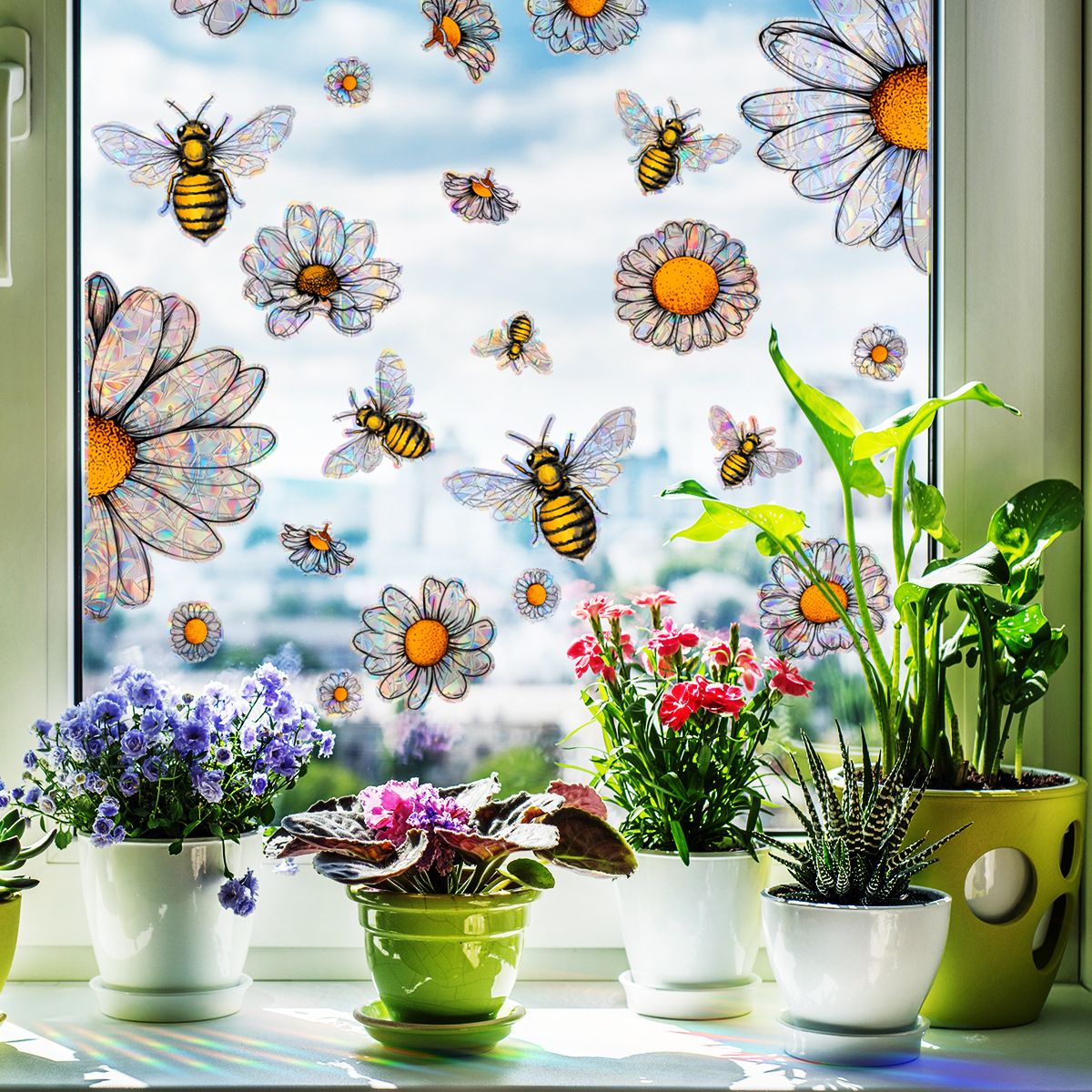 Bee Window Clings Bee Flower Window Stickers Double-Side Bee Floral Window Stickers Art Decor for Spring Party Supplies — image 3