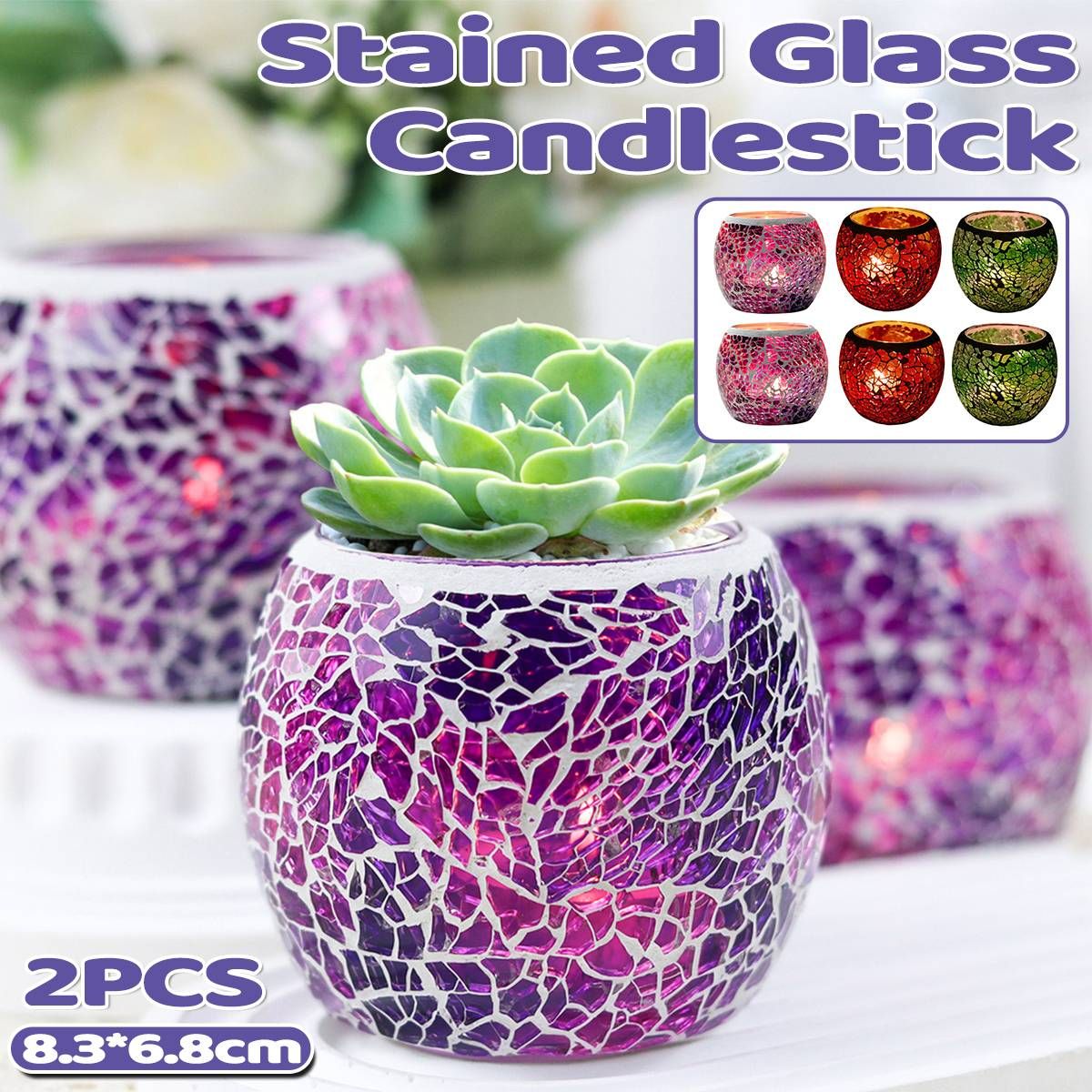2Pcs Fashion European Glass Mosaic Candle Cups Decorative Tabletop Home Decor - Green — image 2