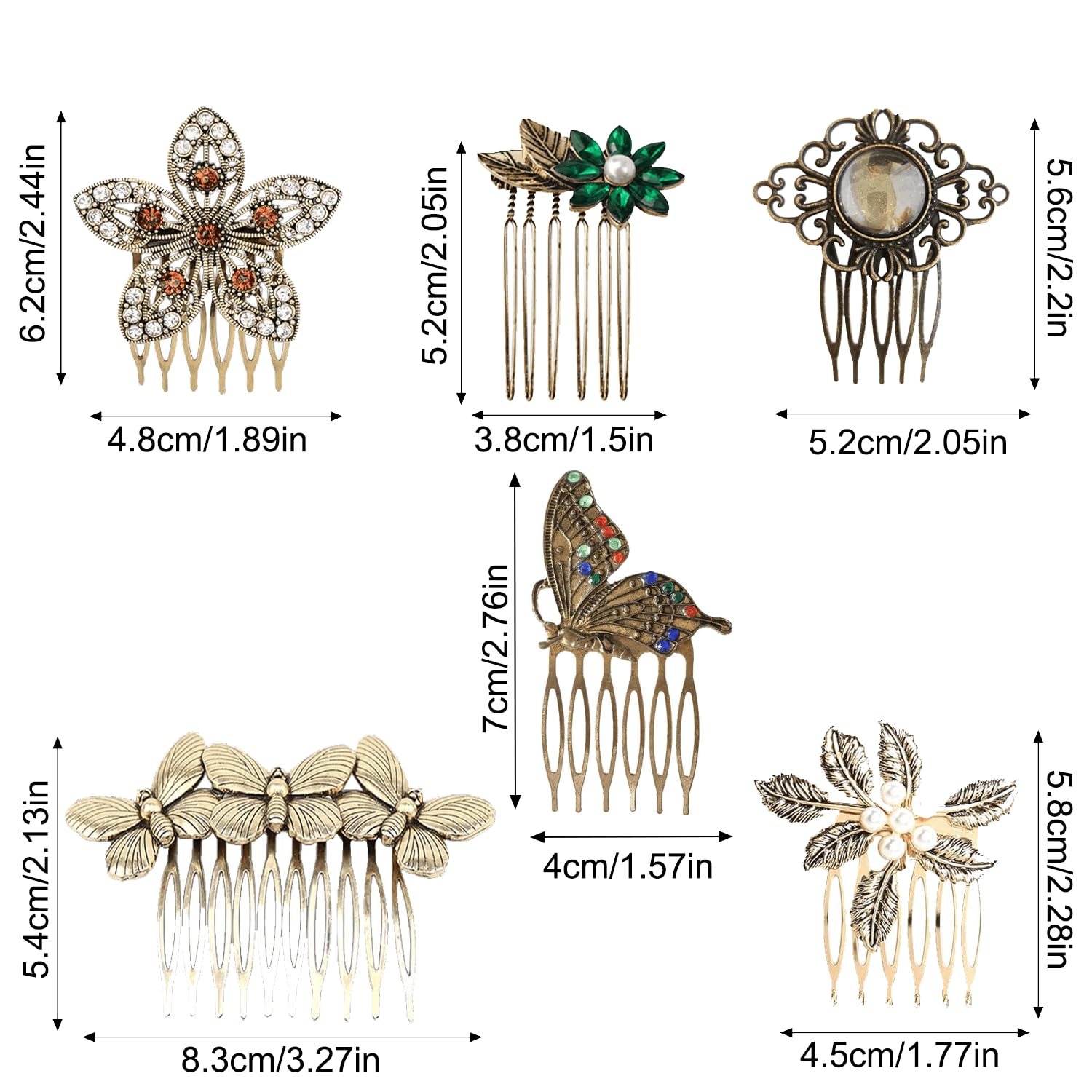 6 Pack Vintage gold Hair Side Combs for Women Decorative,Butterfly Flower Leaf Pearl Rhinestone Metal Hair Comb Tooth Clip with Teeth Grip Crystal Bridal Hair — image 2
