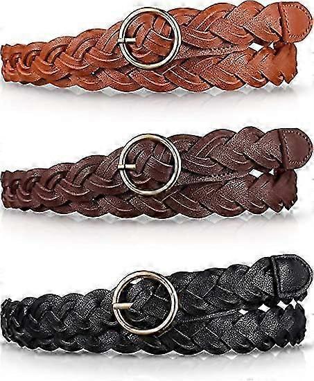 3pcs Women's Skinny Braided Leather Belts with O-Ring Buckle