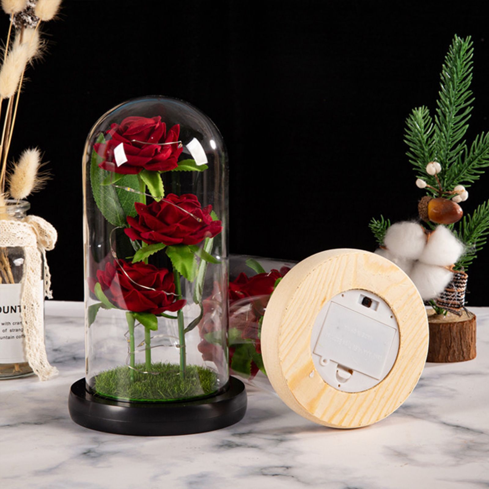 Glass Dome Rose Ornament LED Strip Light Blessing Romantic Glass Cover Artificial Flowers for Girlfriend — image 5