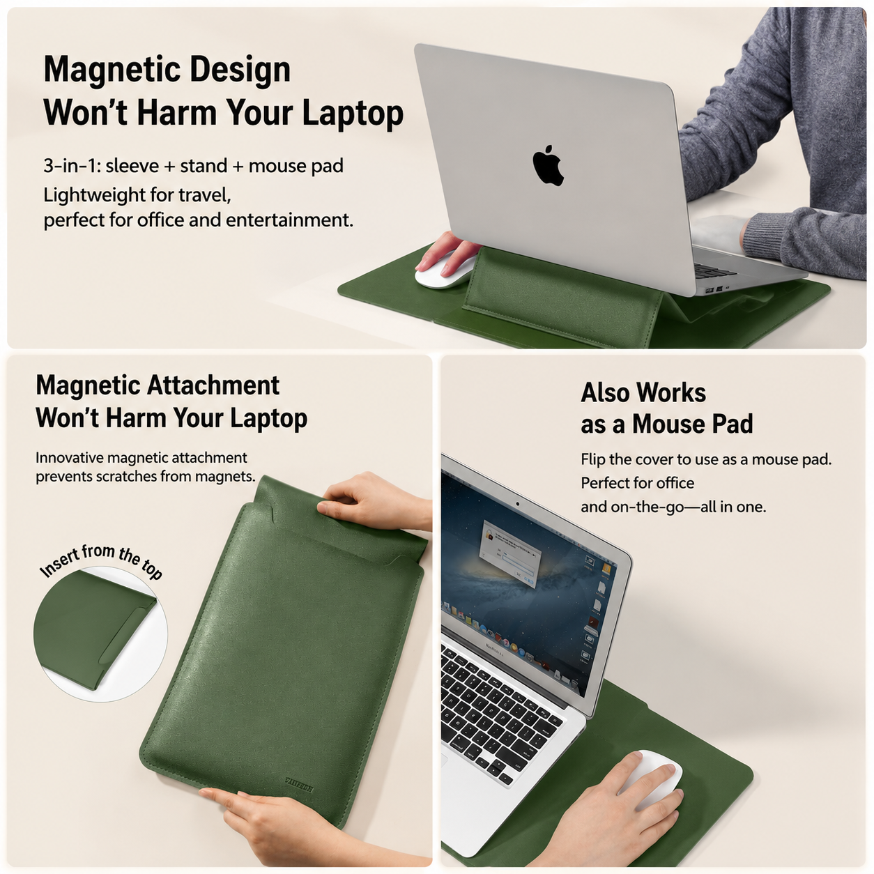 4 in 1 Grey Soft PU Leather Laptop Sleeve with Stand, Mouse Pad and Power Pouch - Lightweight Portable Case for 13.6/14.2 Inch Laptops — image 3