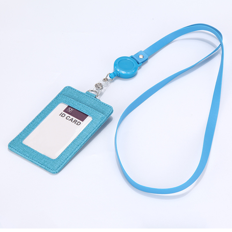 Retractable ID Badge Holder with Lanyard, PU Leather Work Card Holder for Office Staff Nurse Teacher Student ID Card-Light Blue