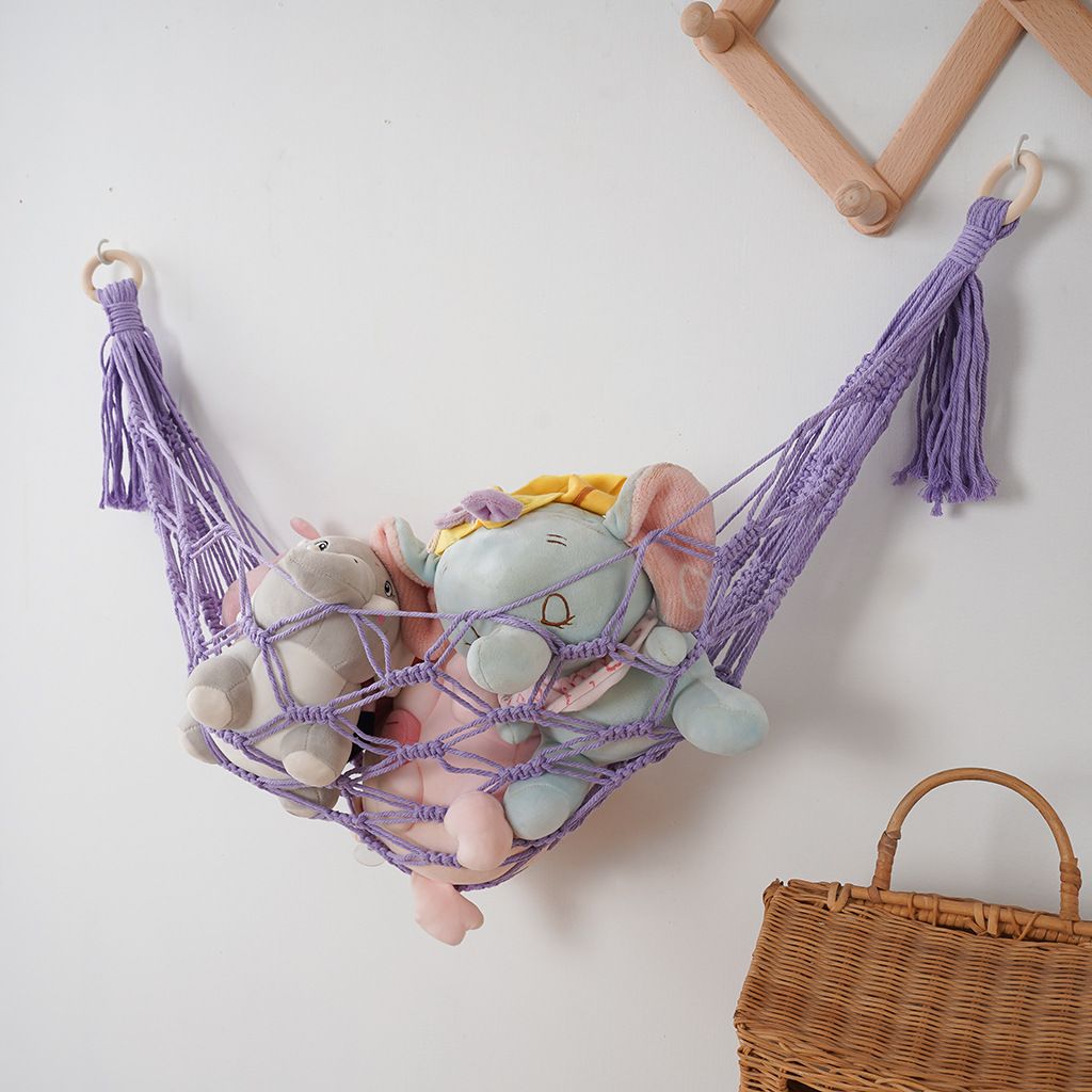 Wall mounted handmade toy hammock storage container filled with animal display plush toy rack Bohemian decoration, suitable for daycare purple — image 4
