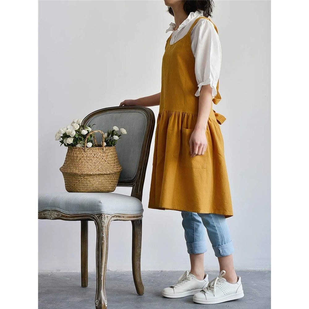 Women's cotton and linen apron with cooking and cleaning pockets, yellow, without waistband (ginger yellow) โ image 3