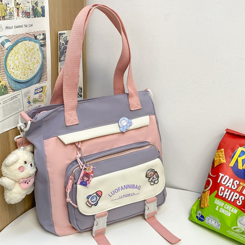Women's Kawaii Purple Shoulder Bag with Cute Bear Plush Charm and 4 Badges Large Capacity Nylon Tote School Handbag