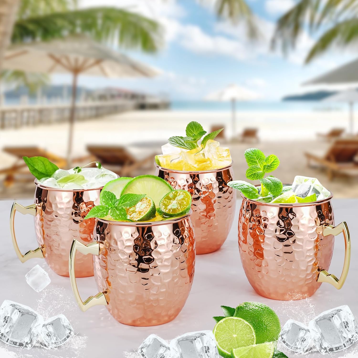 Moscow Mule Mugs Set of 4, 16 OZ Hammered Copper Cups with 304 Stainless Steel Lining and Gold Brass Handles, for Cold Drinks, Beer, Wine, Bars, Parties โ image 2