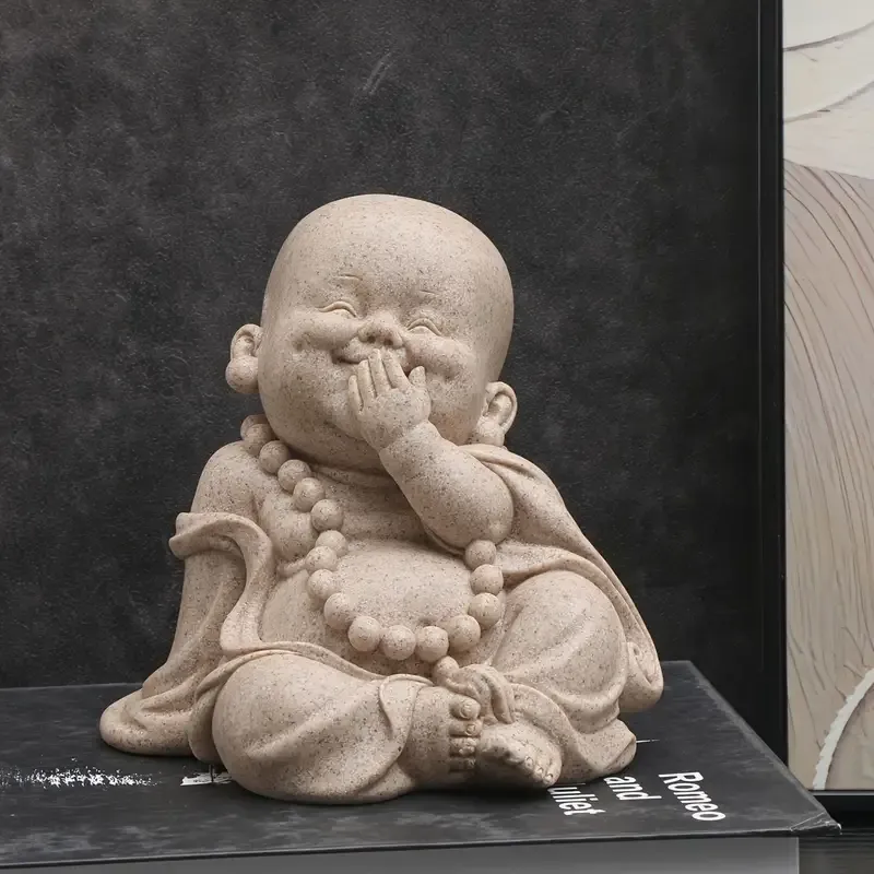 Zen Monk Resin Figurine, 3 poses hear-see-speak no evil, sandstone texture, serene smiling Buddha, perfect for tea pet, desk, car, indoor & garden decor — image 6