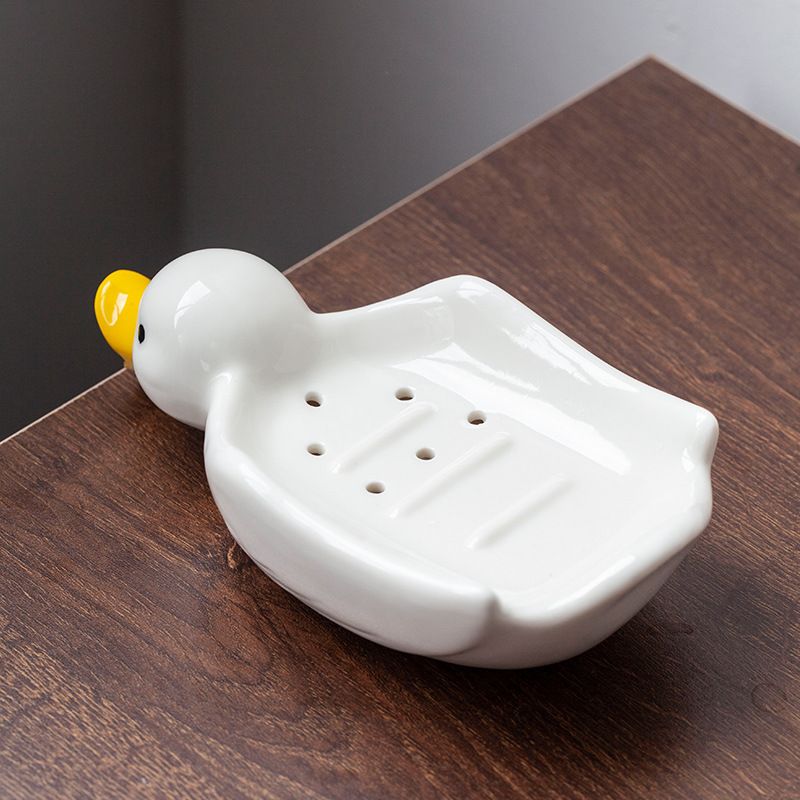 2 Pack White Duck Ceramic Soap Dishes Cute Bar Soap Holder Self Draining Animal Soap Tray with Drainage for Bathroom,Sponge Holder — image 3