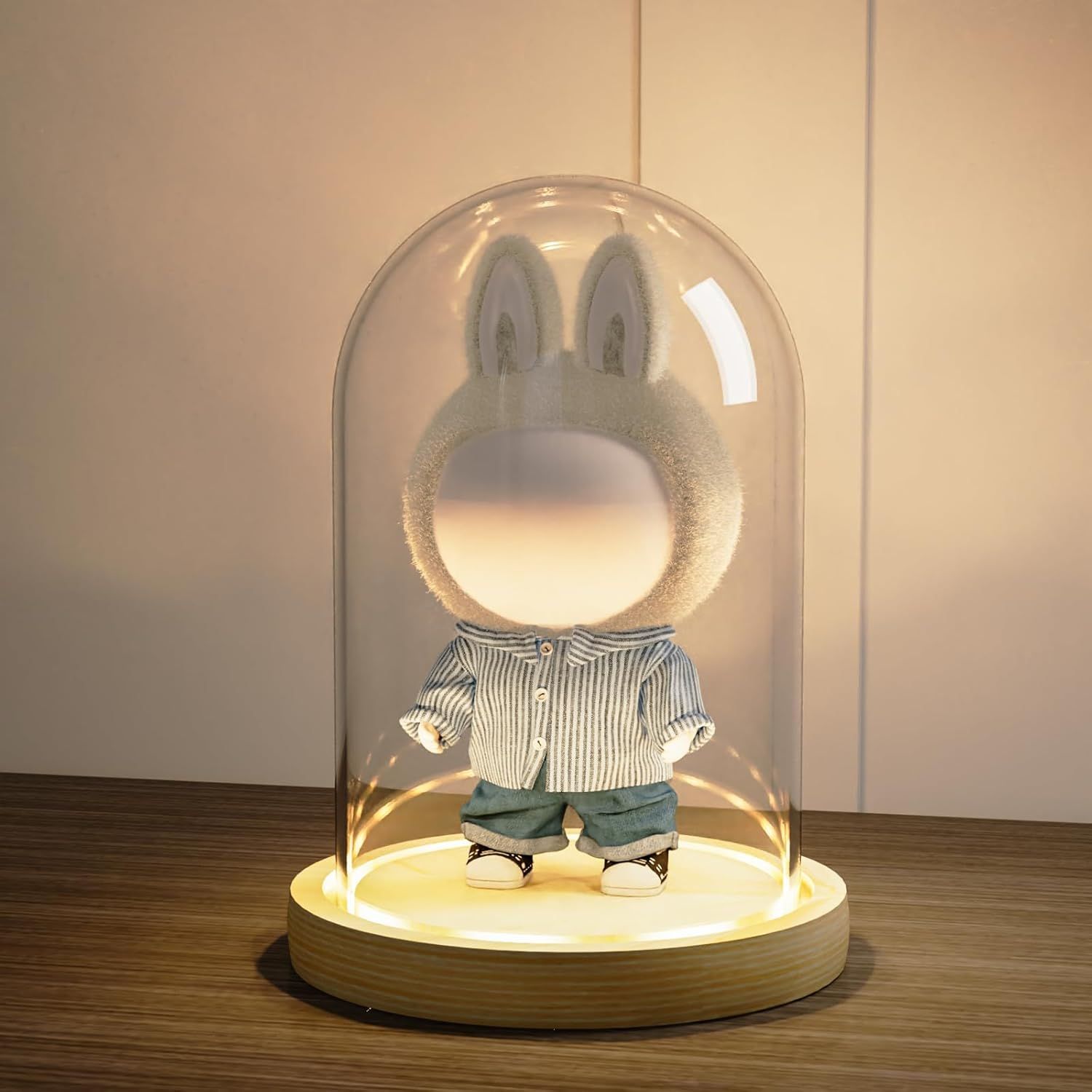 Glass niche dome with wooden LED lamp base, transparent display dome, countertop glass niche display cabinet, small statue, souvenir, plant, ideal — image 2