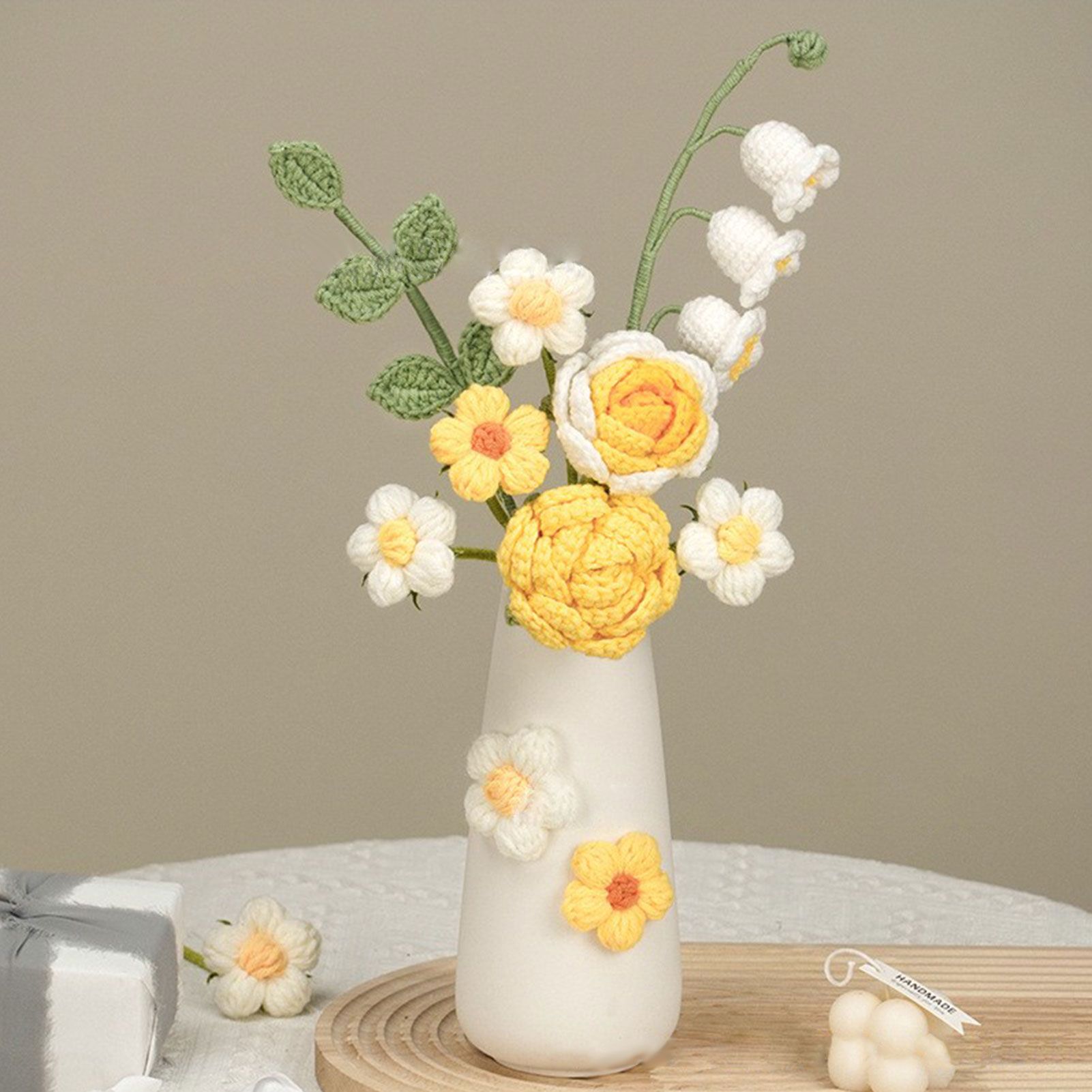 Simulation Woolen Flower Handmade Knitting Artificial Flower Crochet Knitted Flower with Ceramic Vase Table Flower Gift — image 3
