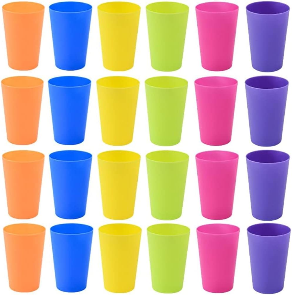 Set of 24 reusable plastic cups, 250 ml, durable plastic drink cups for kids, for use in the kitchen, outdoors, parties, picnics, barbecues, travel (6 bright