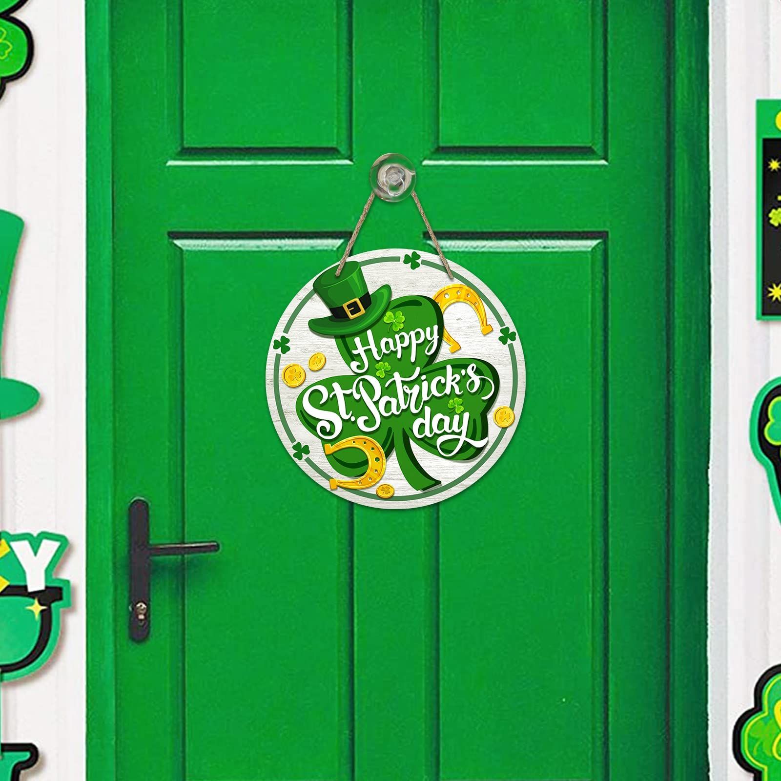 Front Door Decor, Green Shamrock Clover Horseshoe Farmhouse Wood Door Hanger, Rustic Wooden Wreath Pediment Plaque Outdoor — image 4