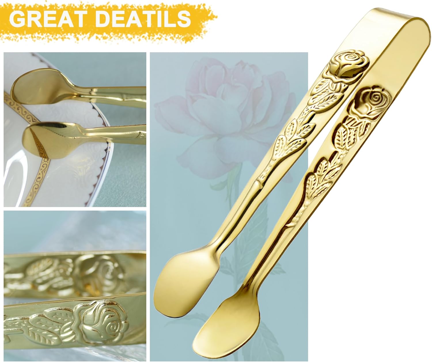6PCS Mini Serving Tongs 5-Inch Small Rose Sugar Cube Appetizer Tongs, Tiny Metal Tong for Tea Party, Coffee Bar, Desserts (Gold) โ image 4