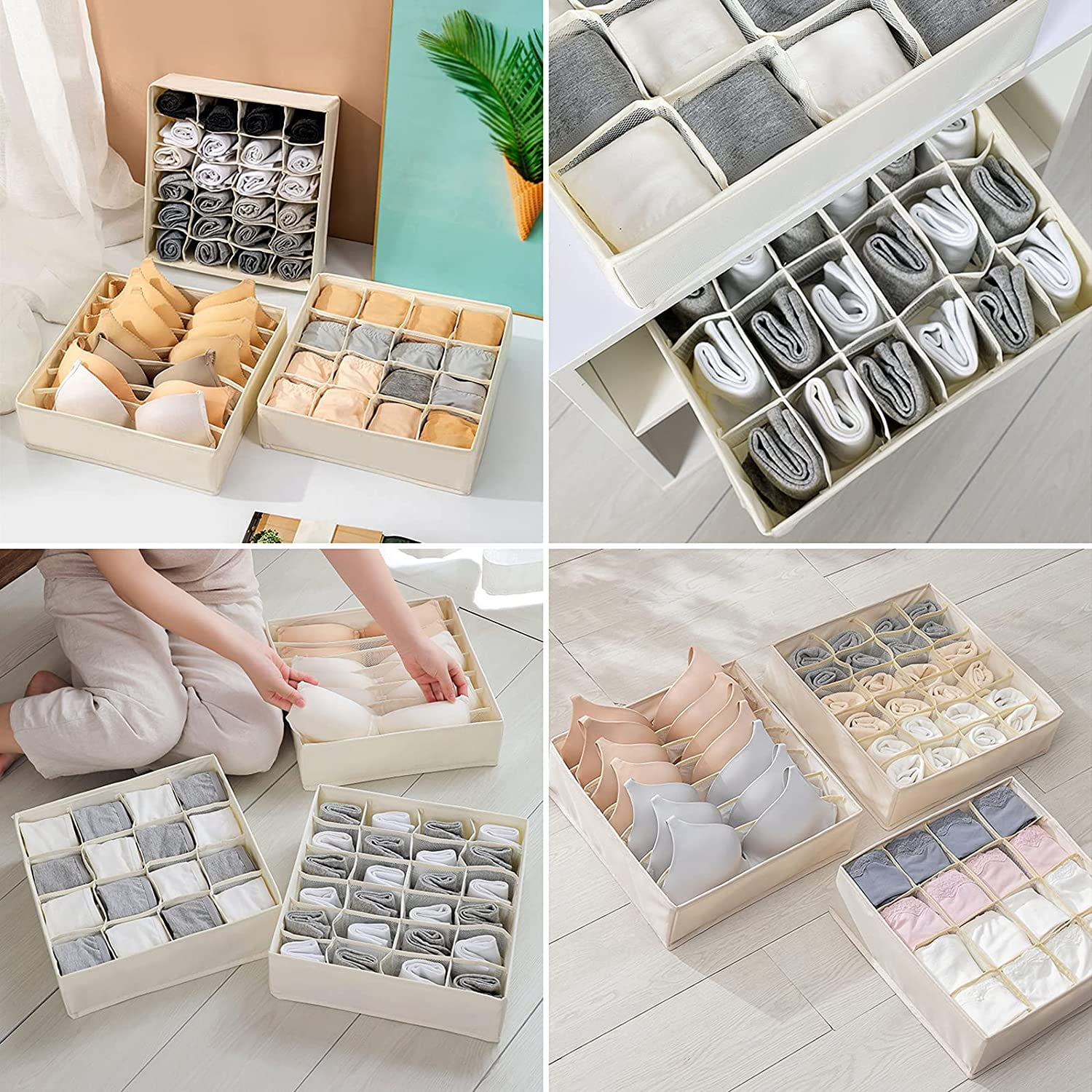 Wardrobe Clothes Organizer for Jeans, Upgraded Drawer Organizers for Clothing with Handle Foldable, Drawer Organizers Clothes(Gray,1PCS-M) 1PCS-7 Cell Beige β image 6