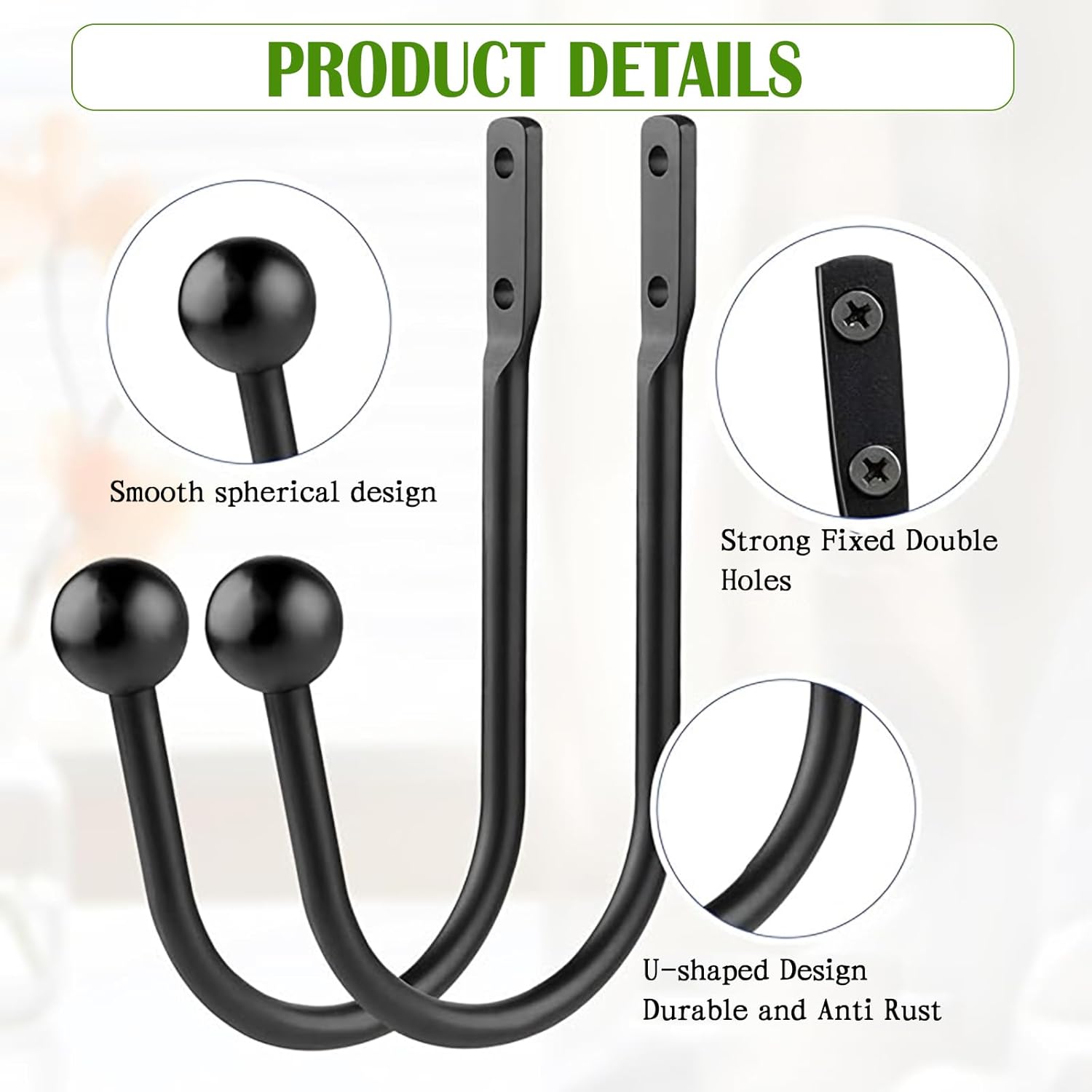 6 Pcs Curtain Holdbacks Curtain Tiebacks, U Shaped Curtain Hooks Wall Mount Window Curtain Holder (Black) โ image 3