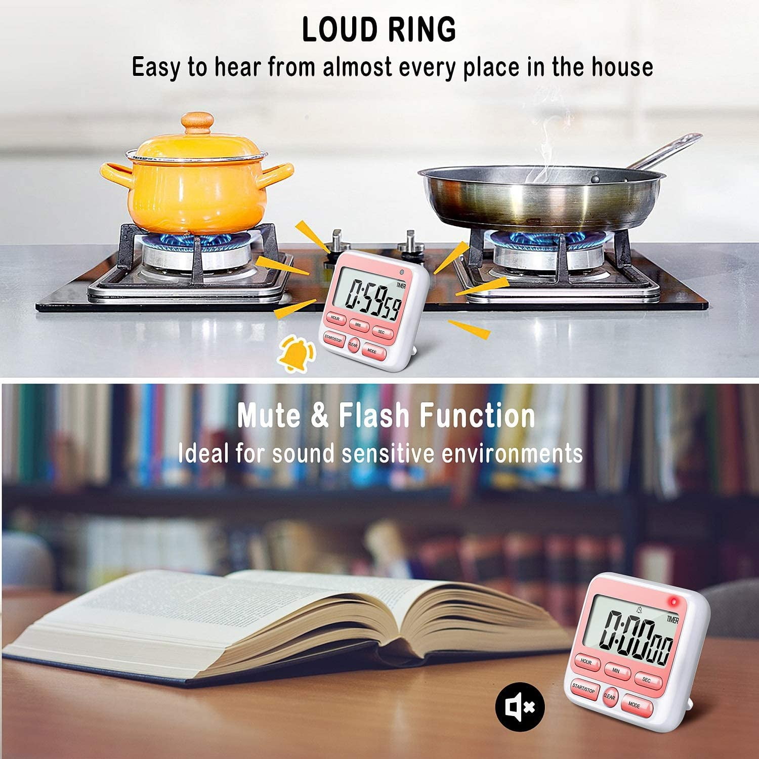 Digital Countdown Kitchen Timer -Count Up Down Magnetic Timer Clock for Cooking Baking Gym Students Pink — image 3