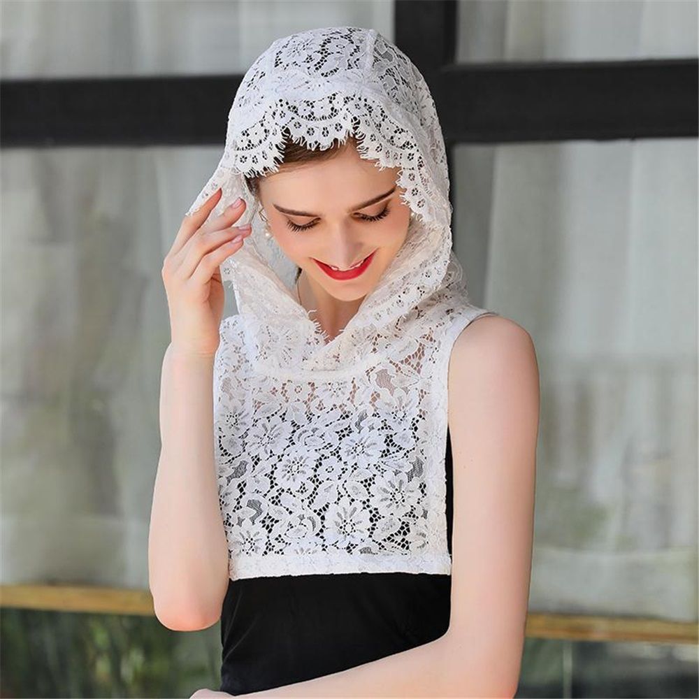 Veils Head Covering Floral Lace Cathedral Chapel Veil, Lace False Collar Half-Shirt Sunscreen Collar Hooded White — image 3