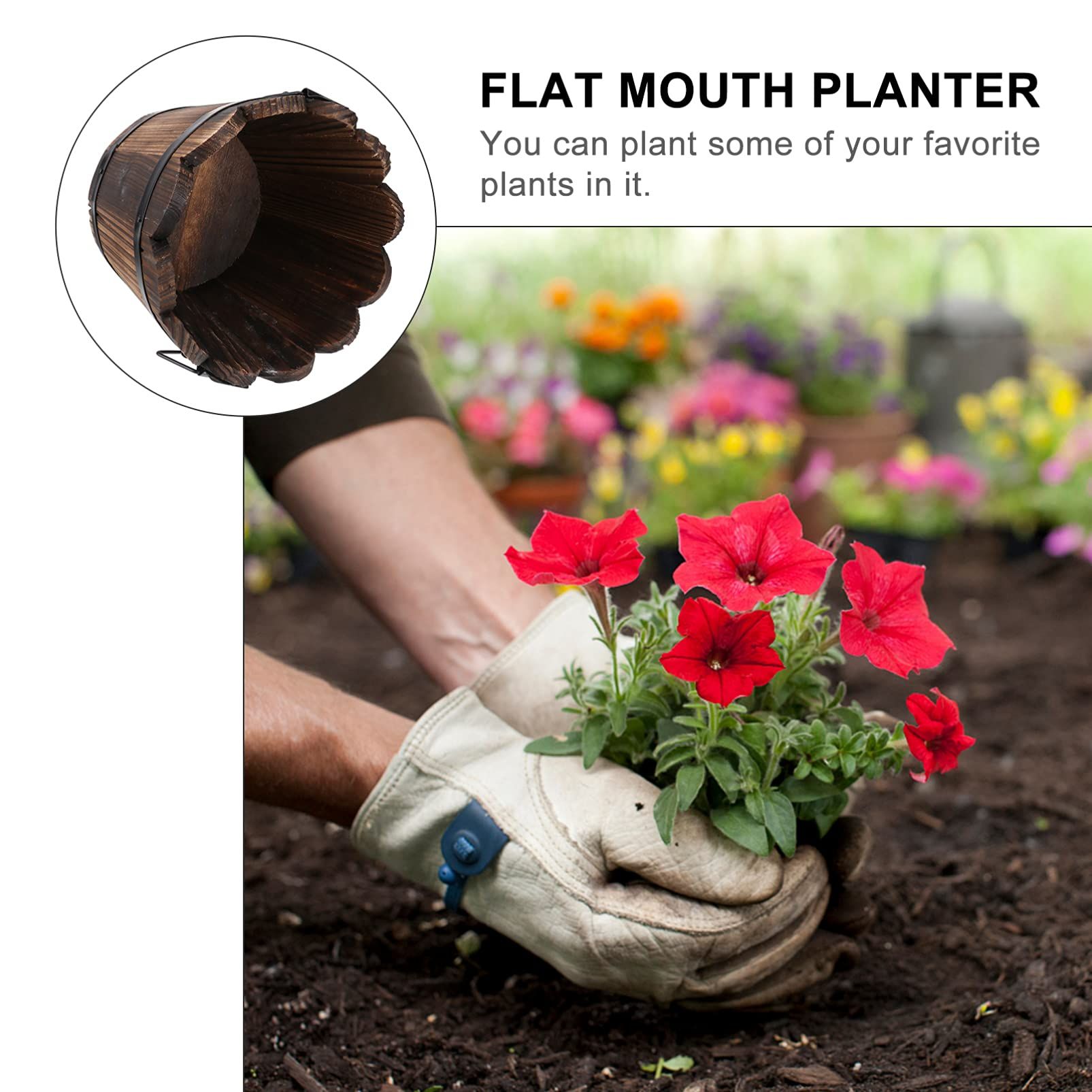 Wooden Barrel Planter Round Wooden Garden Flower Pot Decor Plant Container Wave Mouth Shaped Large — image 5