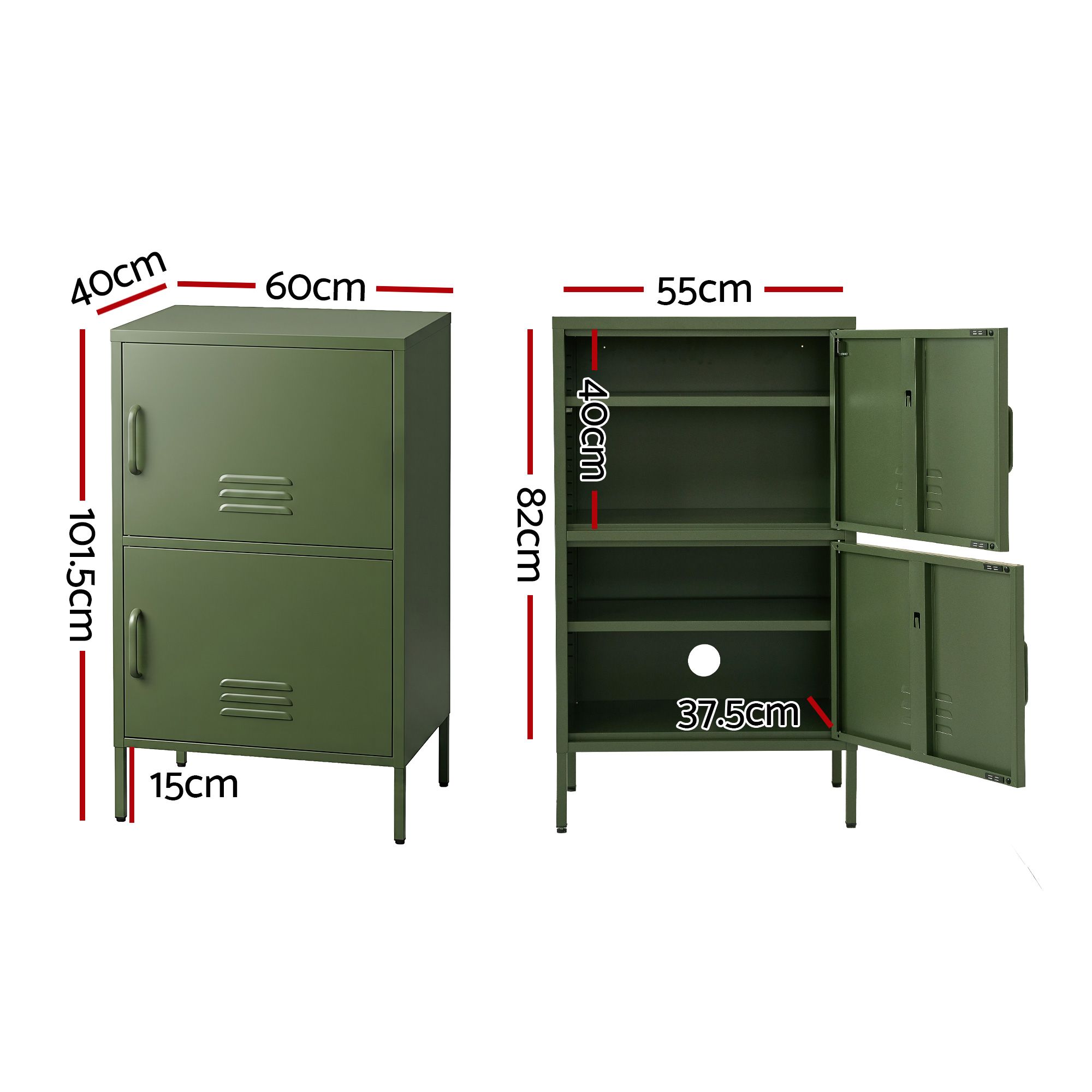 Artiss 2x Buffet Sideboard Cabinet Storage Cupboard 2 Doors Metal Green DOUBLE โ image 3