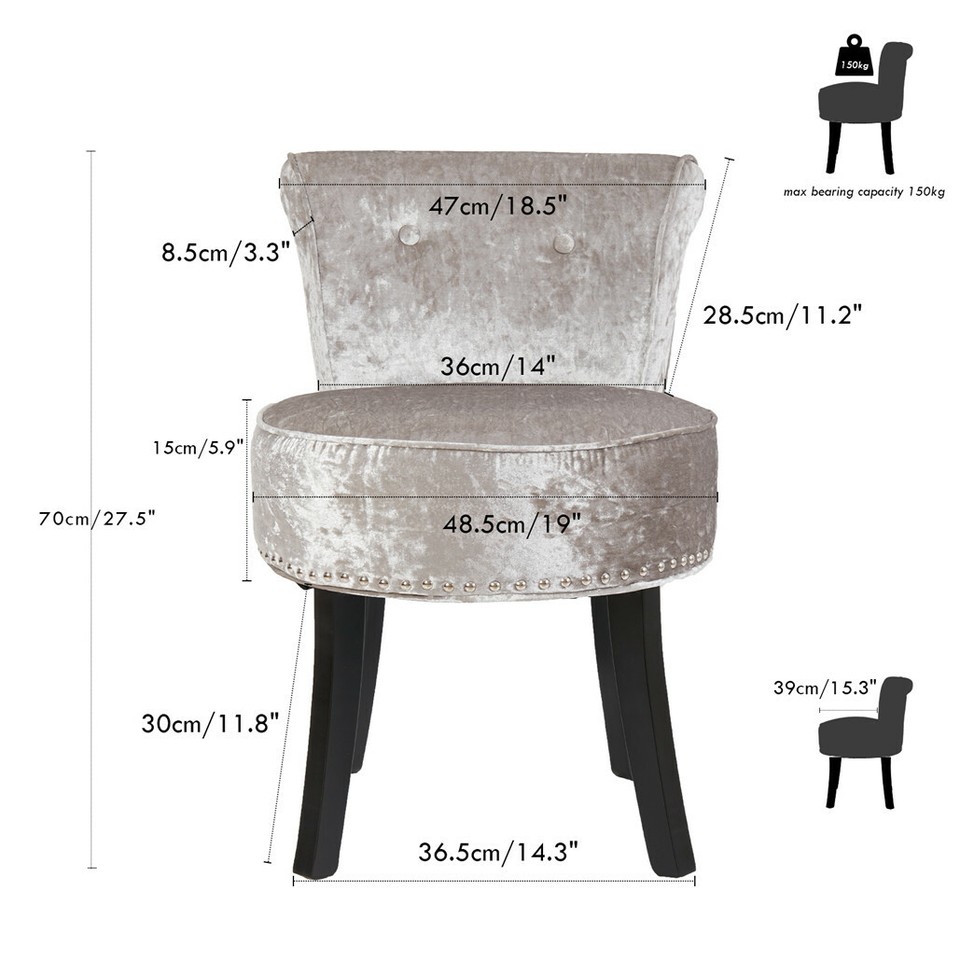 Grey Round Vanity Stool with Padded Seat and Backrest — image 2