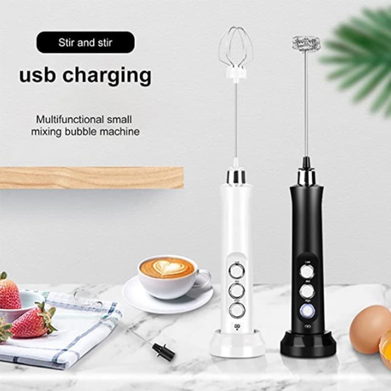 USB Rechargeable Electric Whisk with 3 Speeds, Egg Beater Milk Frother for Coffee and Cappuccino, Compatible with Most Brands, White — image 3