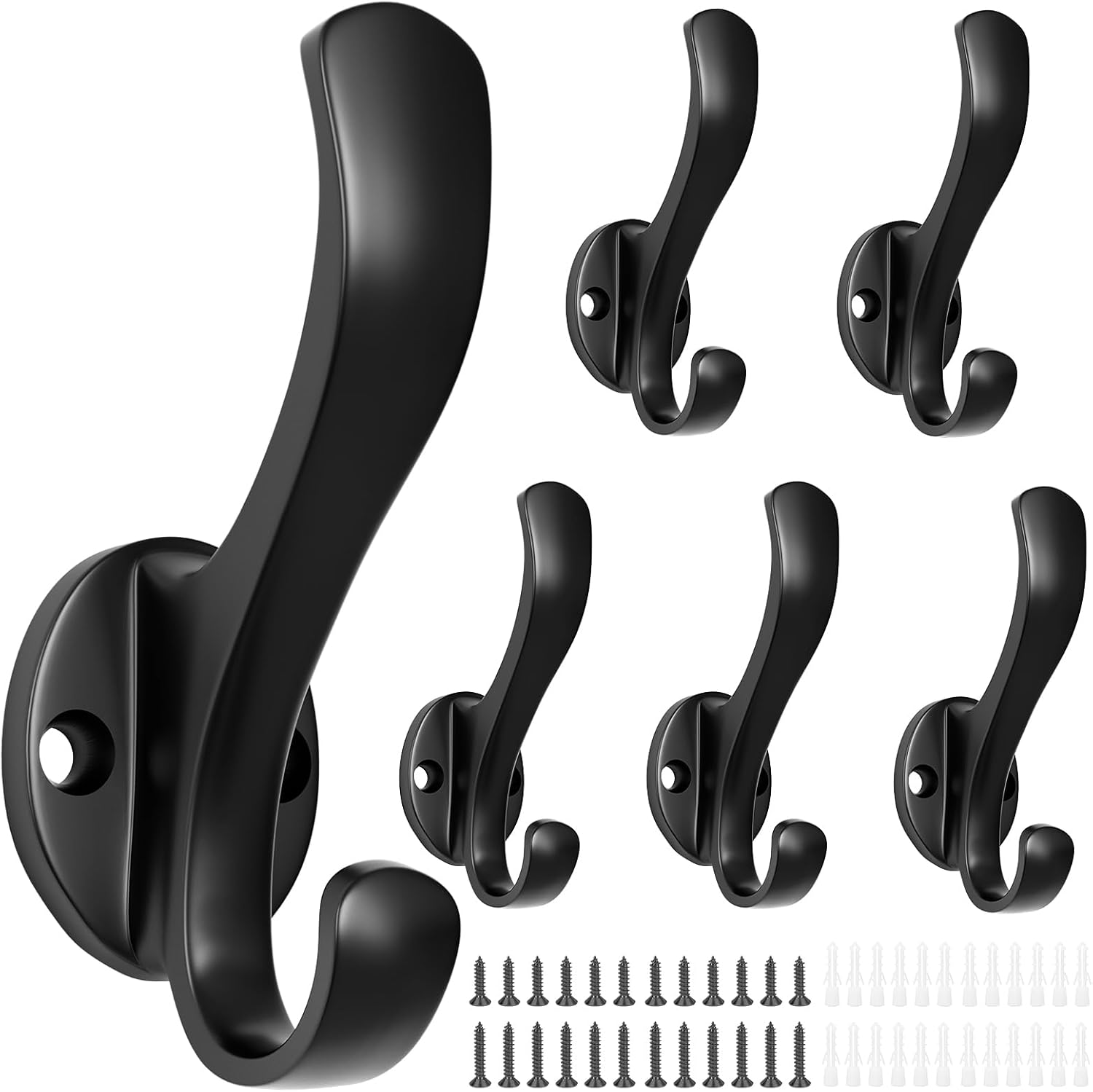 Coat Hooks Heavy Duty - Wall Mount Metal Towel Hooks Screw-in Wall Hooks for Hanging Hat, Towel, Key, Robe, Scarf, Bag, Cap (6 PCS Black)