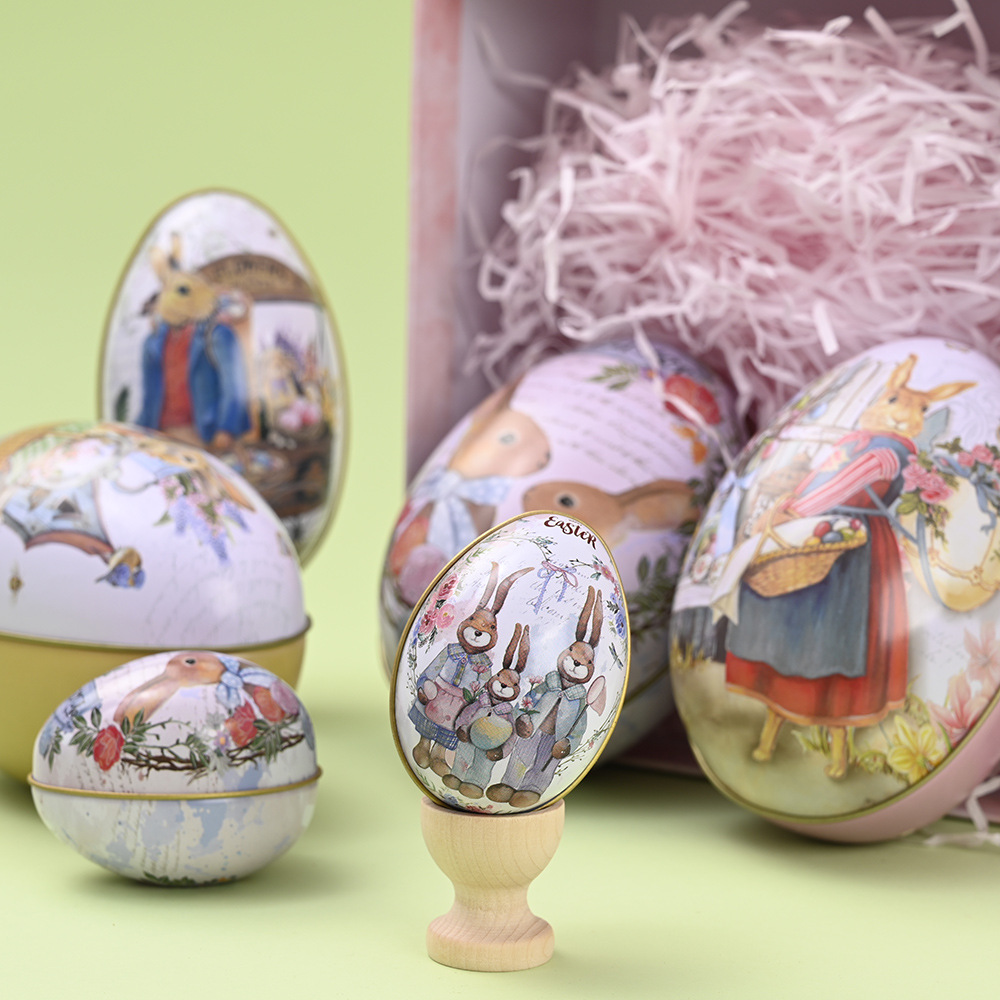 Easter Decorative Tin Egg Set of 3 Sizes with Vintage Rabbit Artwork for Home Display and Gift Giving(Style B) — image 2
