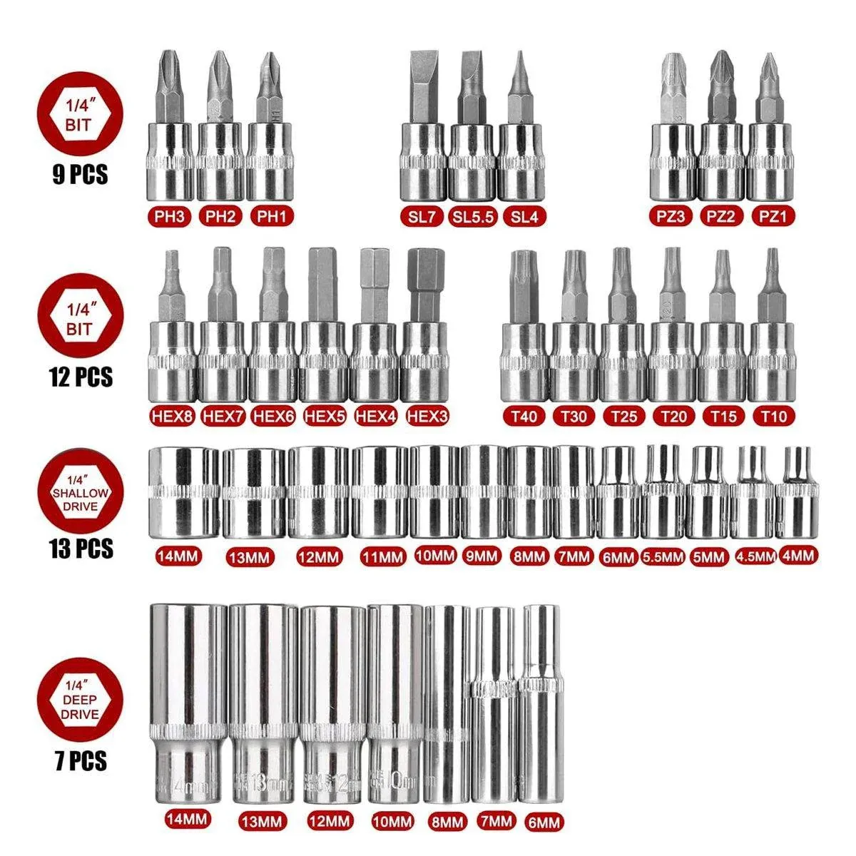 53PCS Metric Deep Socket Set 1/4" Drive Wrench with Flexible Extension Bar Tools — image 5