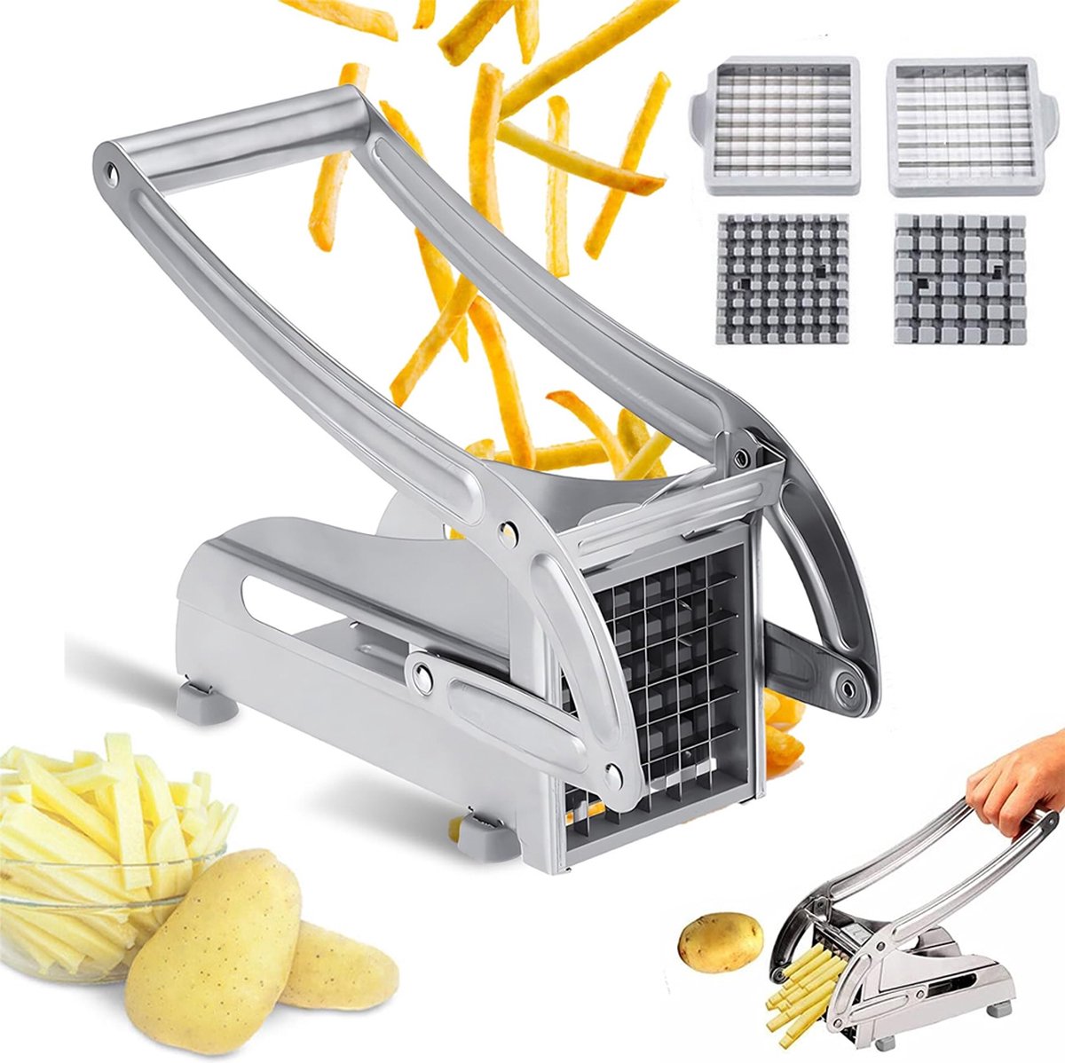 French Fry Cutter - Potato Cutter - Vegetable Cutter - 2 Inserts - Non-Slip Rubber Base - Dishwasher Safe - With Soft-Touch Handle - Effortless Vegetable