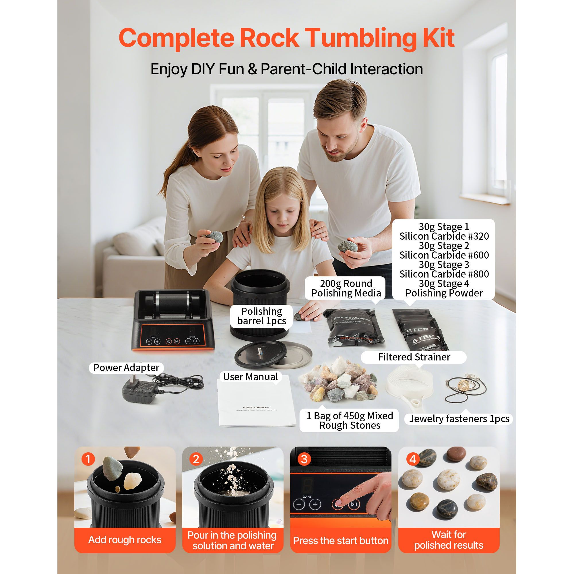Rock Tumbler Kit, 2 lbs Rock Polishing Kit, 4 Speed Settings 9-Day Polishing Timer Stone Polishing Kit, Rock Polisher with Rough Gemstones and Polishing Grits โ image 6