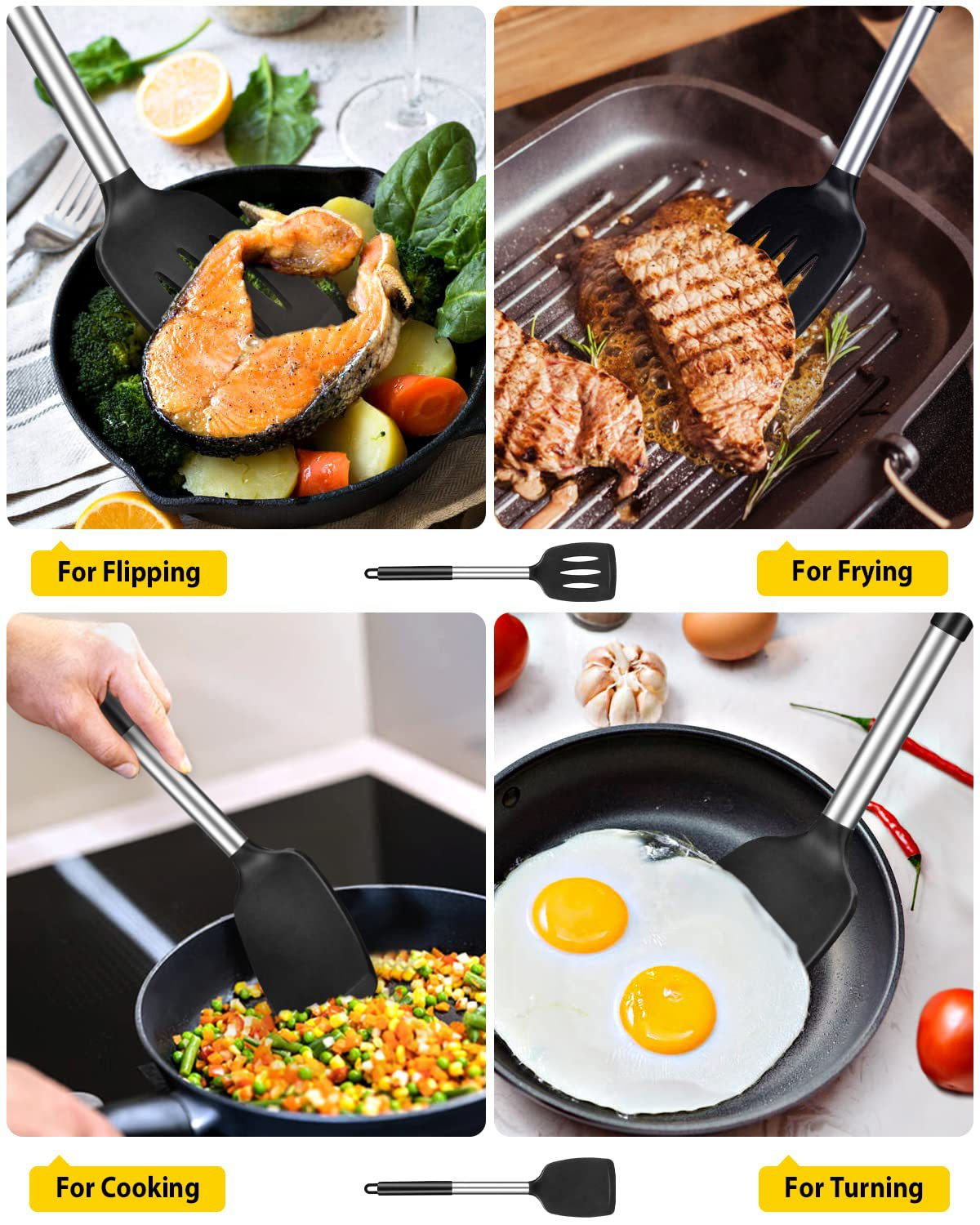 Black 4-Piece Silicone Spatula Set Slotted Turner Solid Turner Stainless Steel Handle Heat Resistant Non-Stick Cookware Kitchen Utensils — image 3