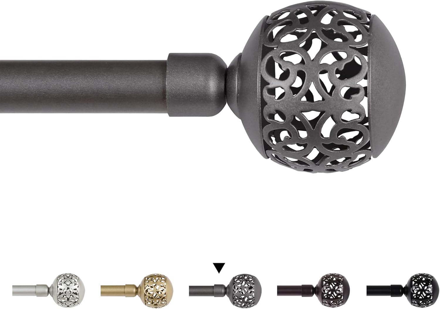 Window Treatment Single Curtain Rod Set Telescoping with Carved Hollow Ball Finials, Adjustable Length from 28 to 48-Inch, 3/4 Inch Diameter, Pewter 28"-48"