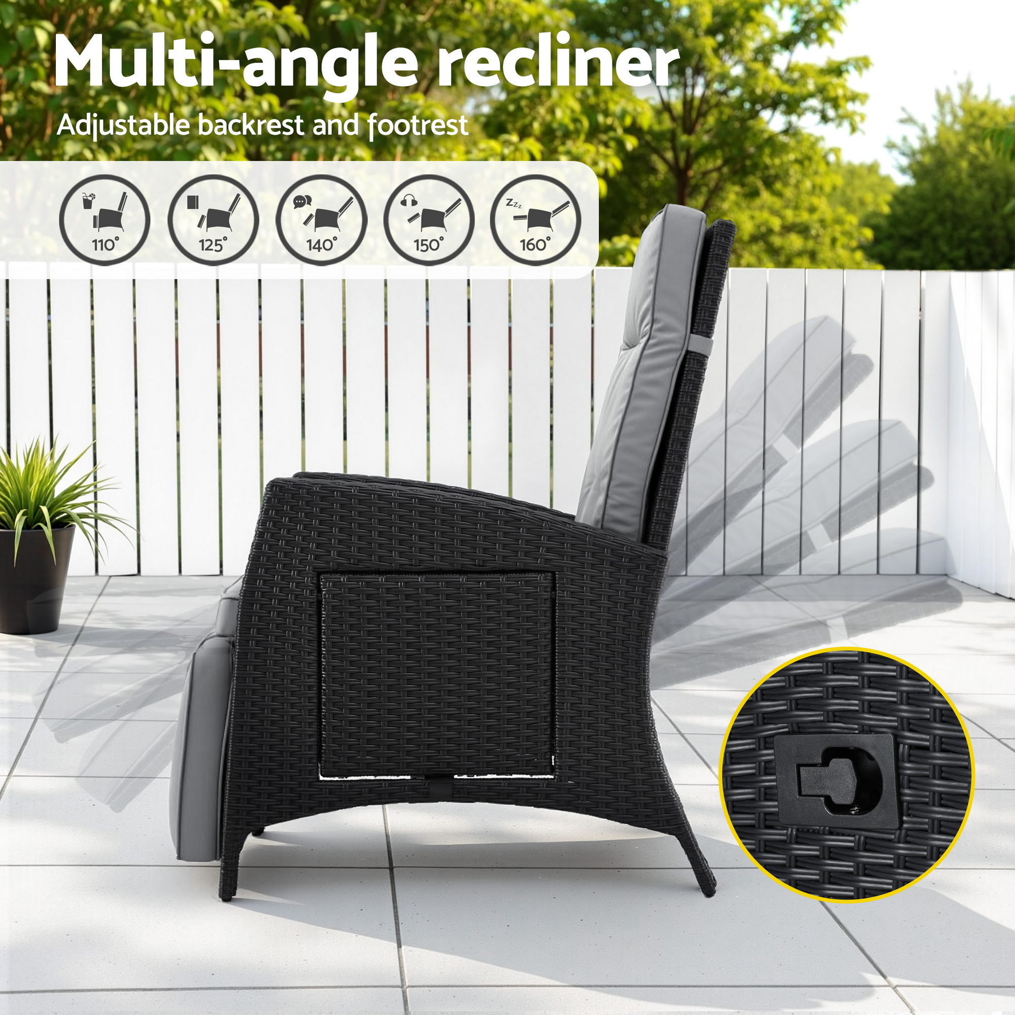 Gardeon Outdoor Recliner Chairs Sun lounge Wicker Lounger Patio Furniture Adjustable Black — image 5