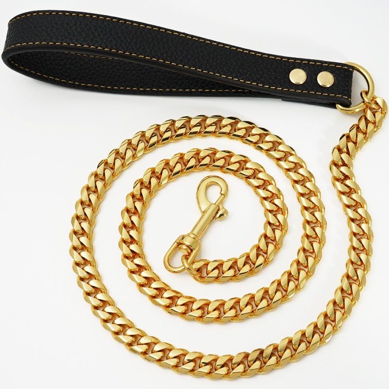 Premium Cuban Link Dog Leash with Genuine Leather Handle – Heavy-Duty Stainless Steel Pet Walking Chain for Large Dogs, Polished Electroplated — image 5