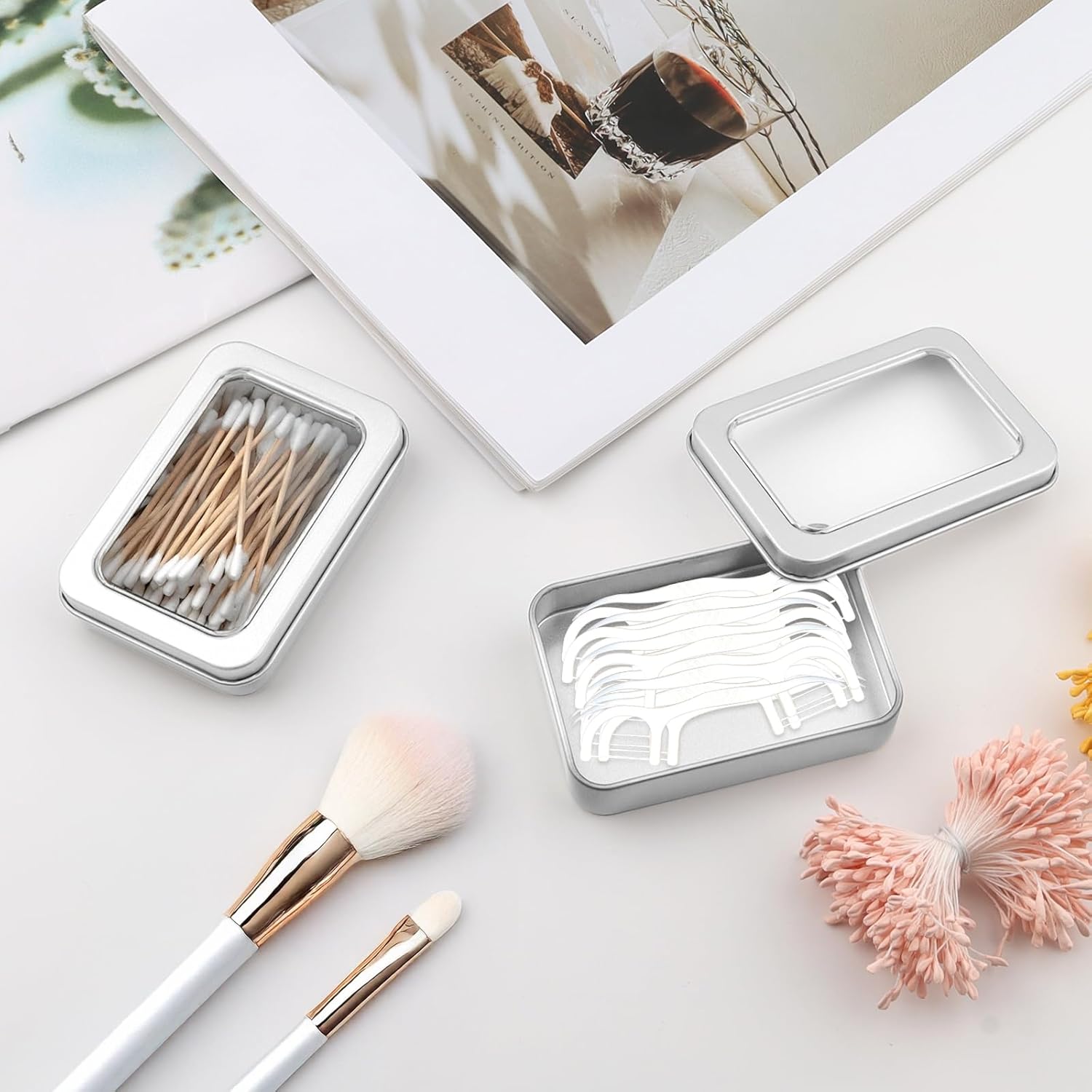 2-Pack Cotton Ball Holder for Travel & Bathroom - Dental Floss Qtip Dispenser Holders - Portable Travel Floss Case Box - Empty Metal Cotton Swab Hair Ties — image 4