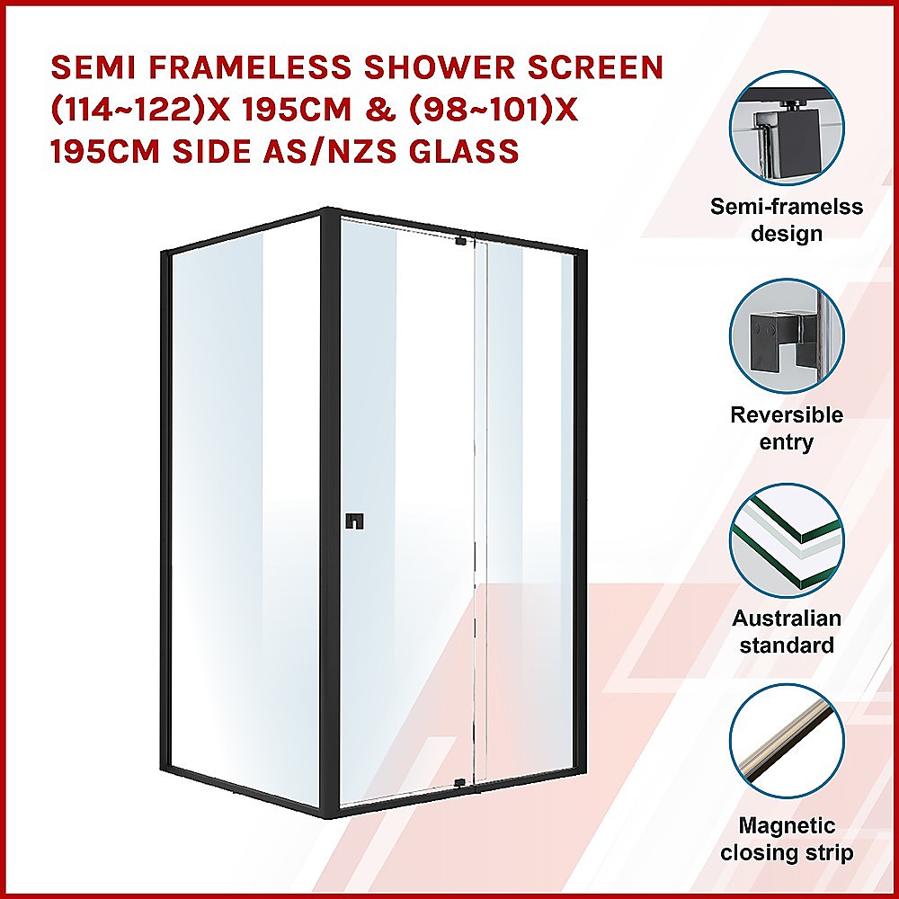 Semi Frameless Shower Screen (114~122)x 195cm & (98~101)x195cm Side AS/NZS Glass — image 3