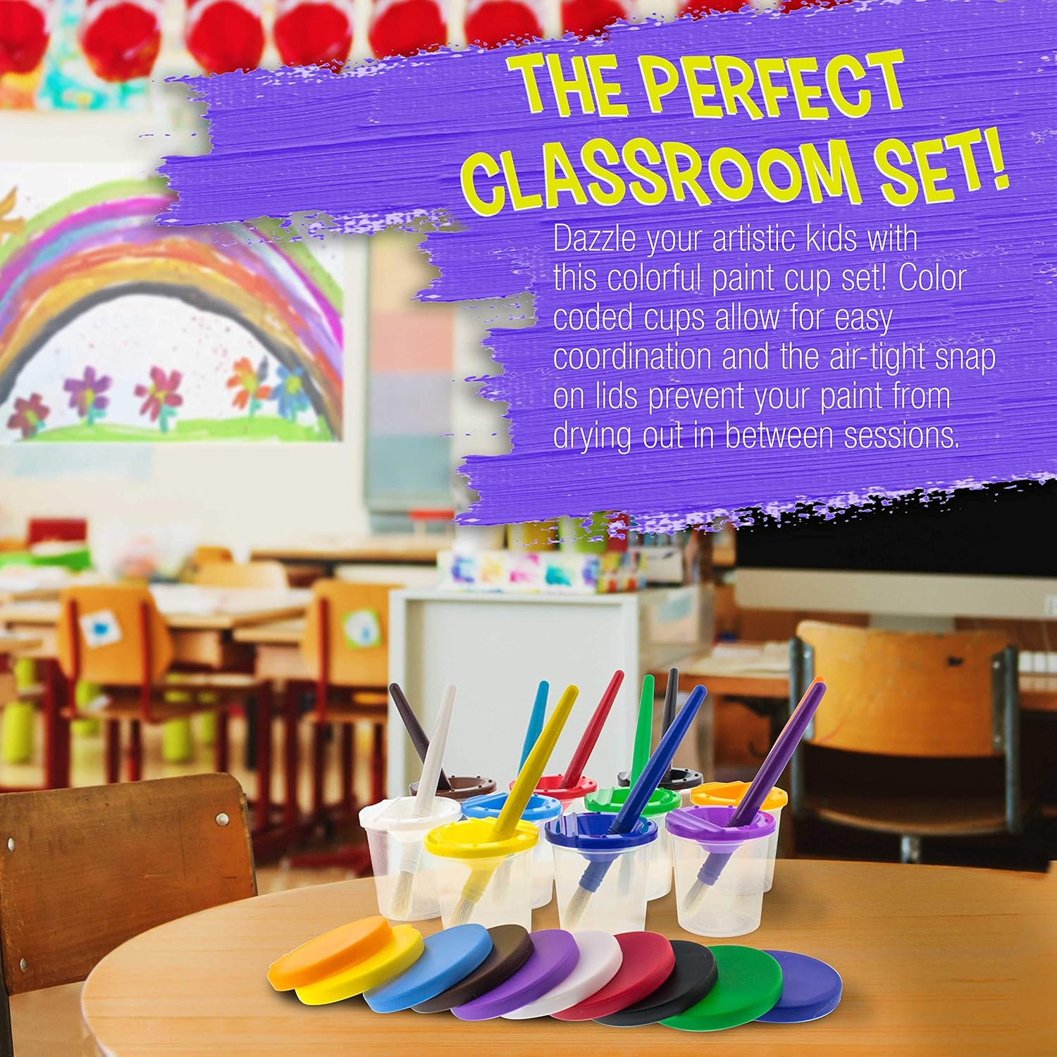 10 Piece Children's No Spill Paint Cups with Colored Lids and 10 Piece Large Round Brush Set with Plastic Handles โ image 4